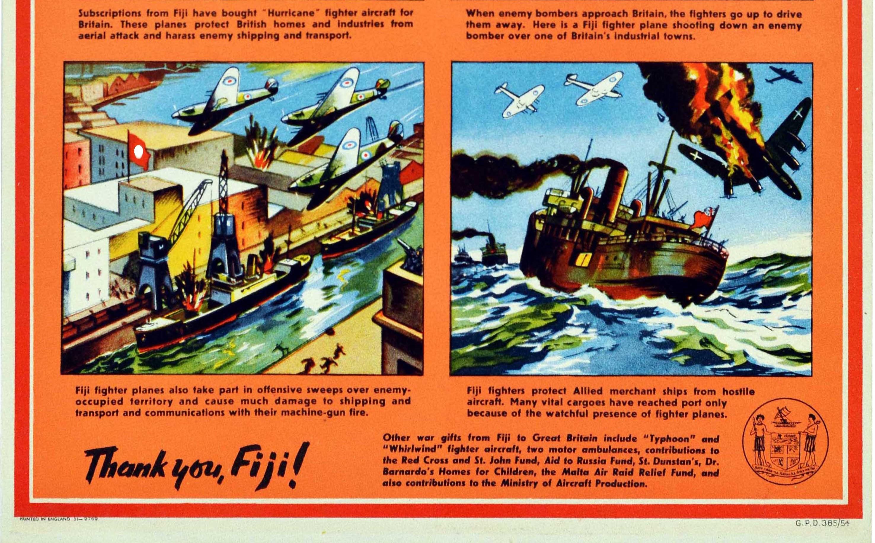 British Original Vintage WWII Poster Your Hurricanes In Action Thank You Fiji RAF Planes For Sale