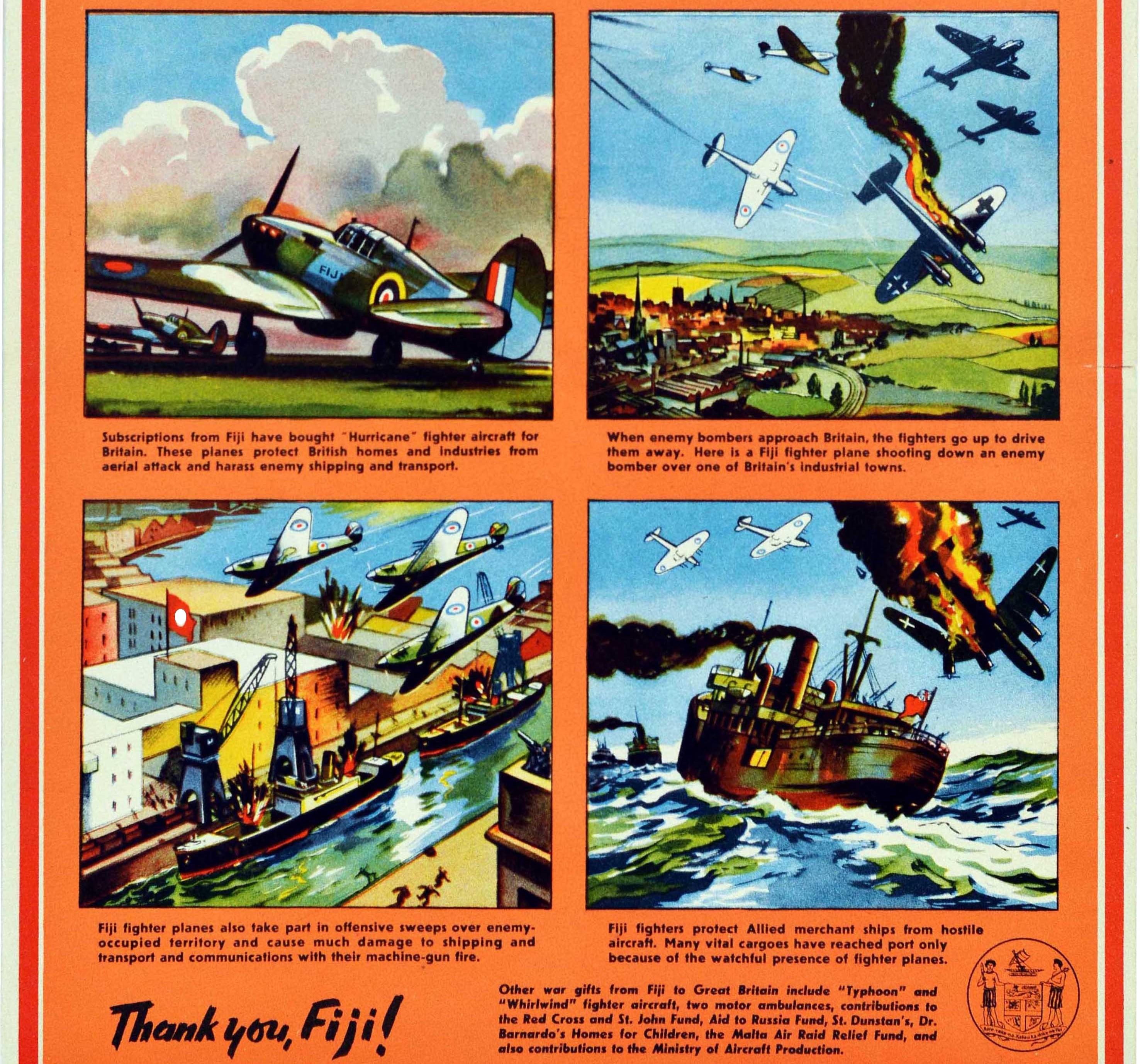 Affiche vintage d'origine de la Seconde Guerre mondiale Your Hurricanes In Action Merci You Fiji RAF Planes Bon état - En vente à London, GB