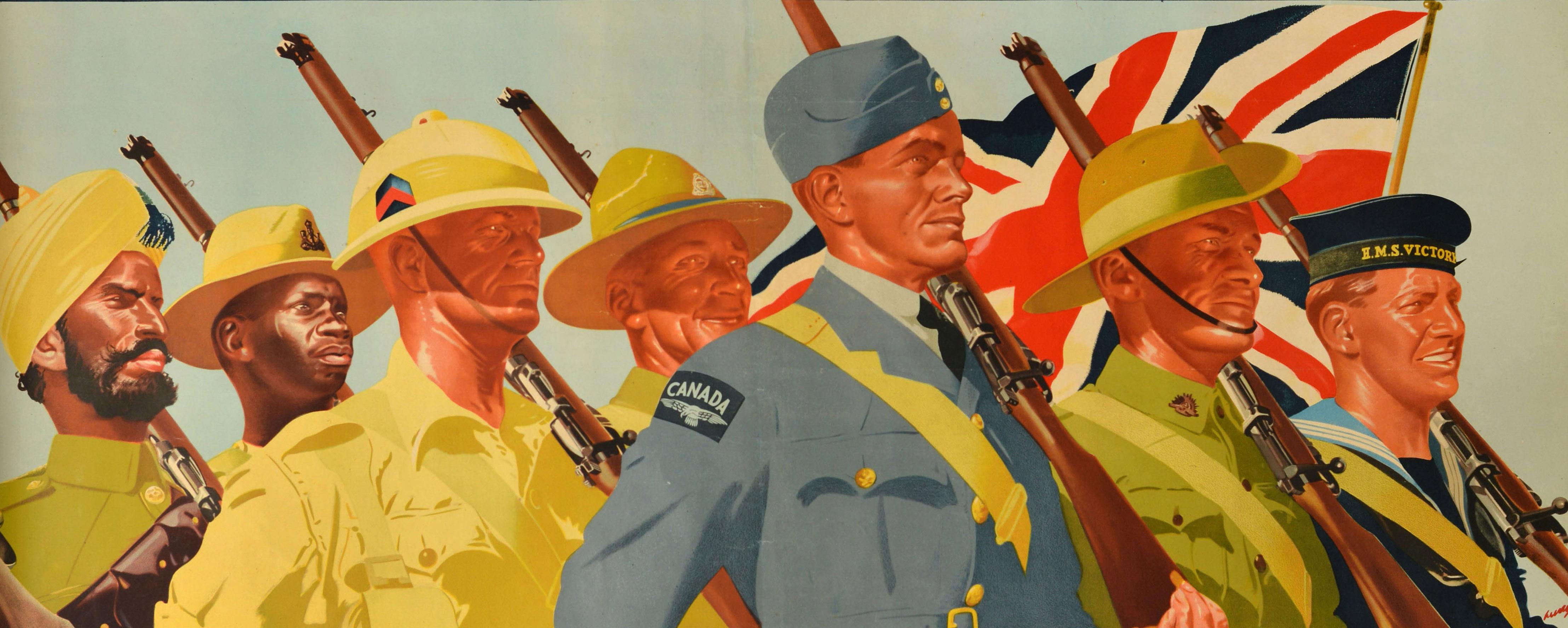 Cartel propagandístico original de época de la Segunda Guerra Mundial - La Mancomunidad Británica de Naciones unida - con una dinámica ilustración militar que muestra a un grupo de soldados uniformados de la Mancomunidad del Imperio Británico