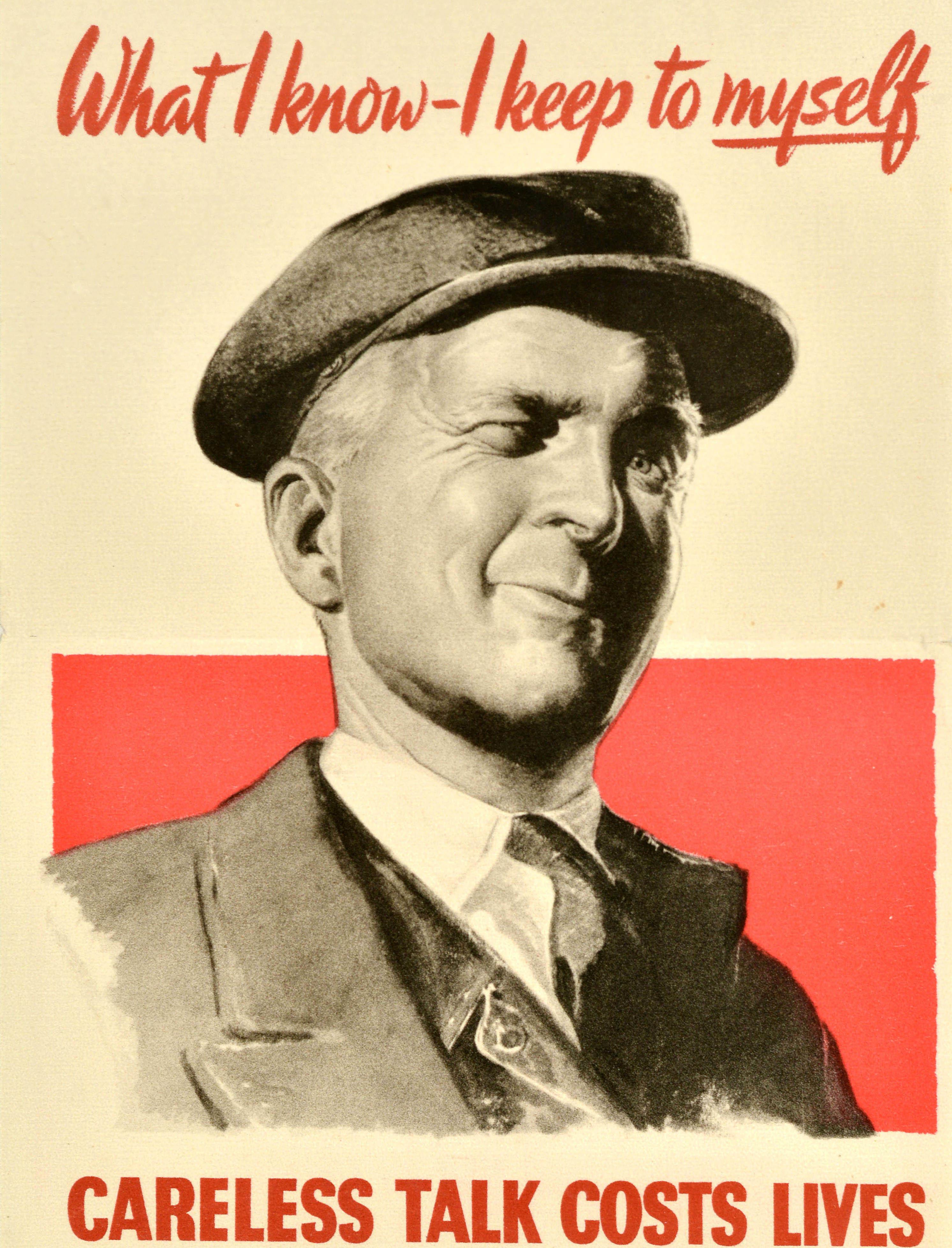 Poster originale d'epoca di propaganda per il fronte interno della Seconda Guerra Mondiale - What I know I keep to myself Careless talk costs lives - con l'immagine di un uomo in giacca e cravatta che fa l'occhiolino allo spettatore su uno sfondo