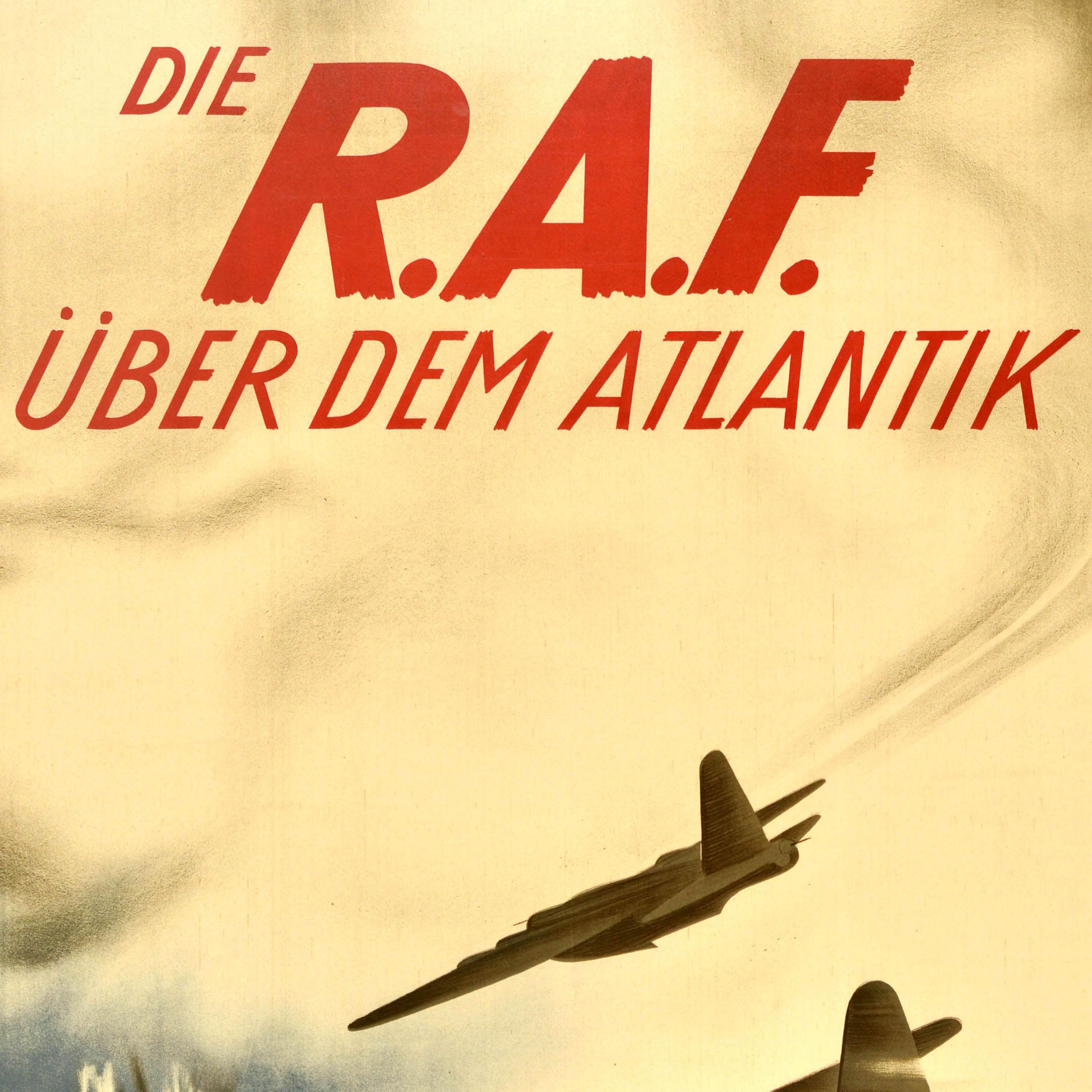 Original vintage World War Two propaganda poster - Die RAF Uber Dem Atlantik / The RAF over the Atlantic - featuring dynamic aerial warfare artwork by the Swiss artist Emil Alfred Neukomm (1906-1948) depicting a two British Royal Air Force bomber