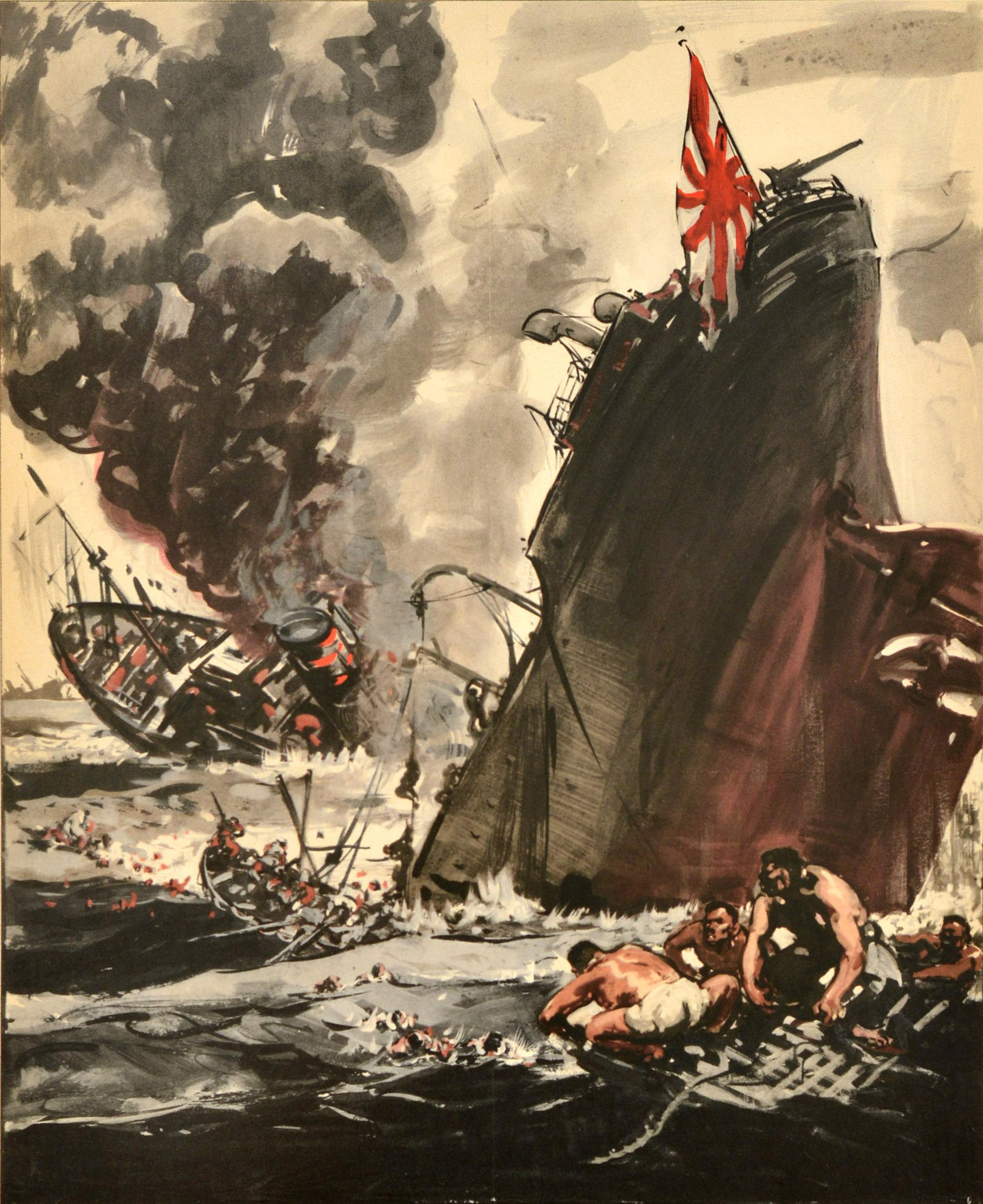 Poster di propaganda originale della Seconda Guerra Mondiale - Un sottomarino britannico ha silurato due grandi navi da rifornimento giapponesi nello Stretto di Malacca / Smash Japanese Aggression! - con un'illustrazione dinamica di navi che