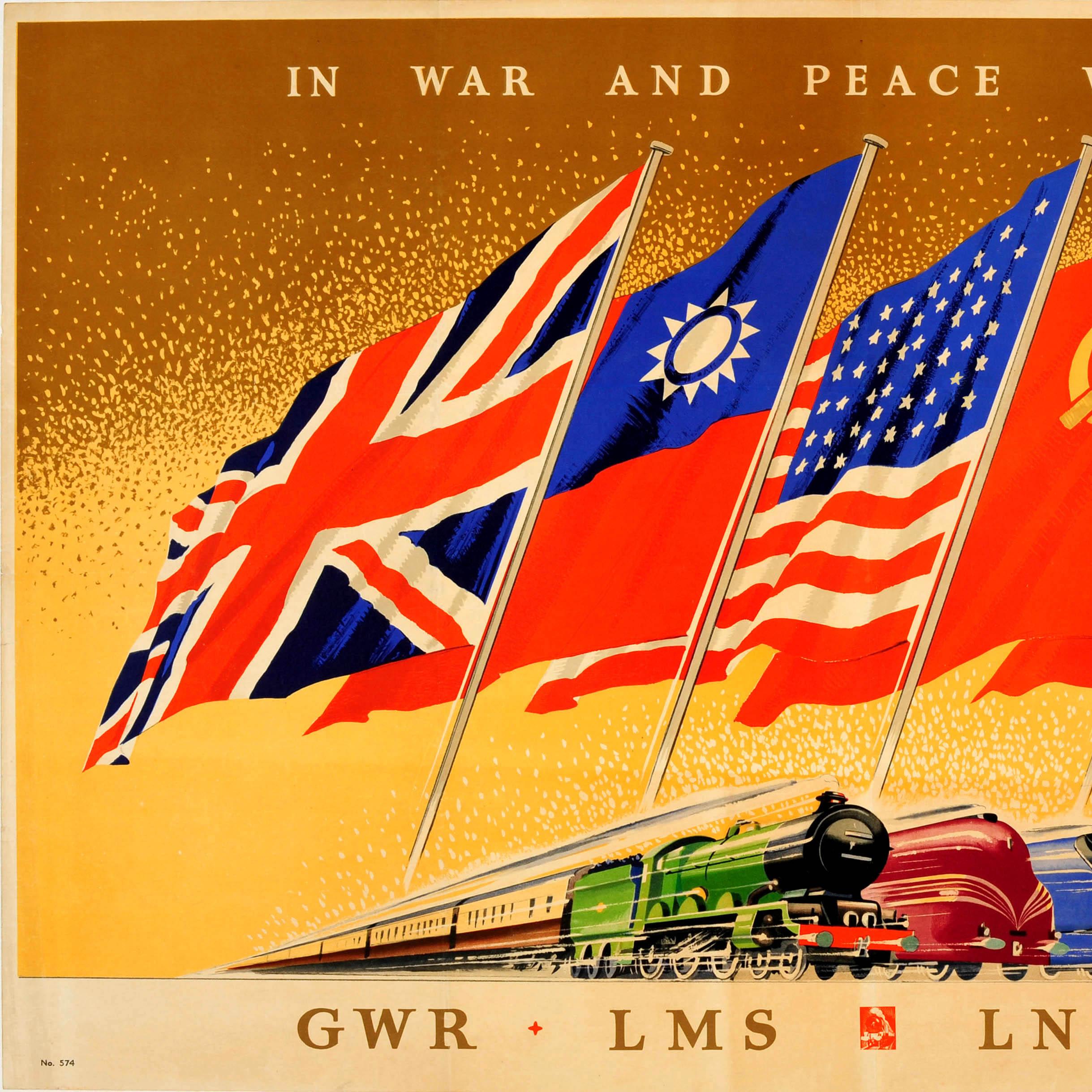 Britannique Affiche rétro originale des chemins de fer de la Seconde Guerre mondiale - « In War and Peace We Serve GWR LMS LNER SR » en vente