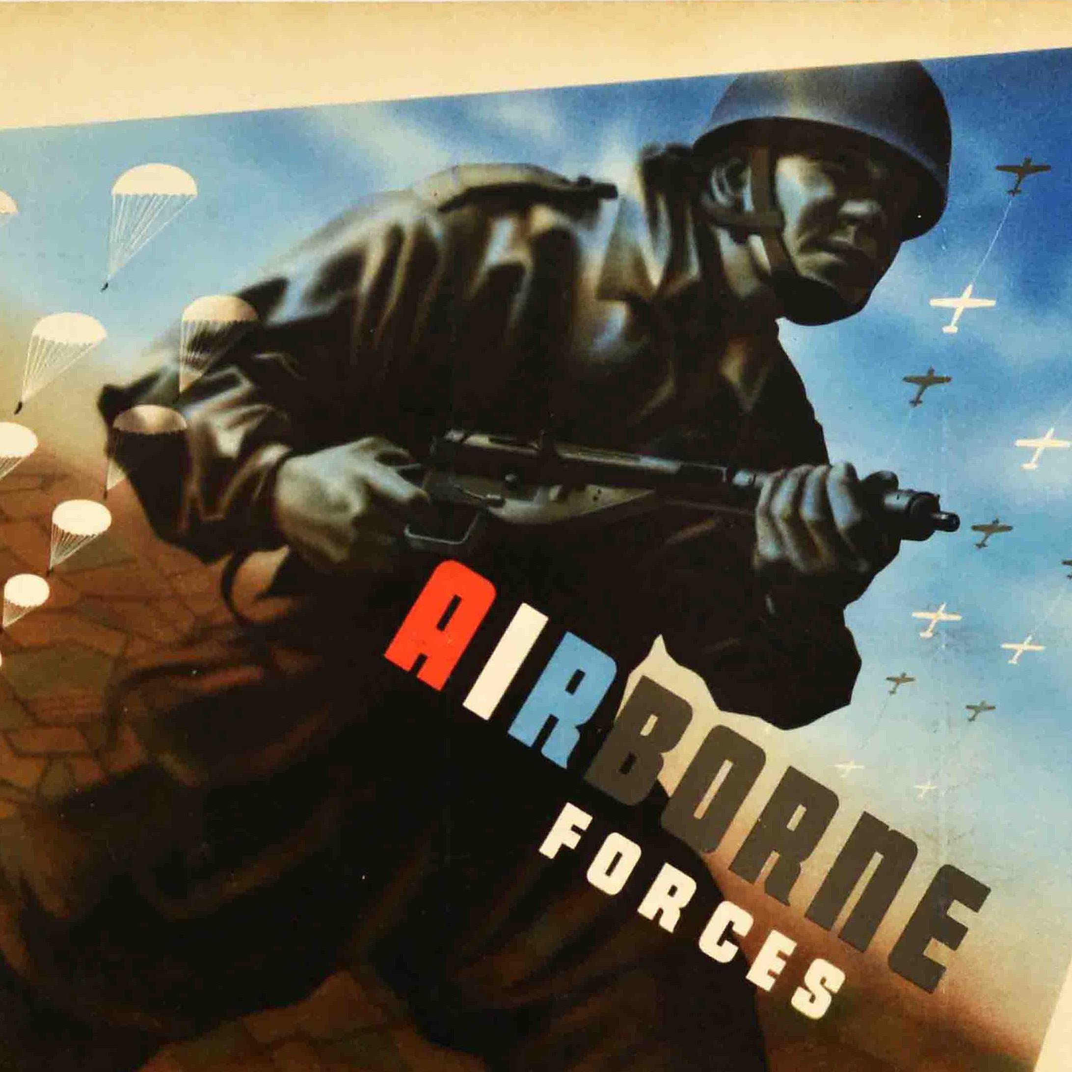 Affiche de recrutement originale de la Seconde Guerre mondiale - Les forces aéroportées de l'armée britannique se composent de troupes de parachutistes et de planeurs de toutes les armes du service - avec un design moderniste du célèbre graphiste