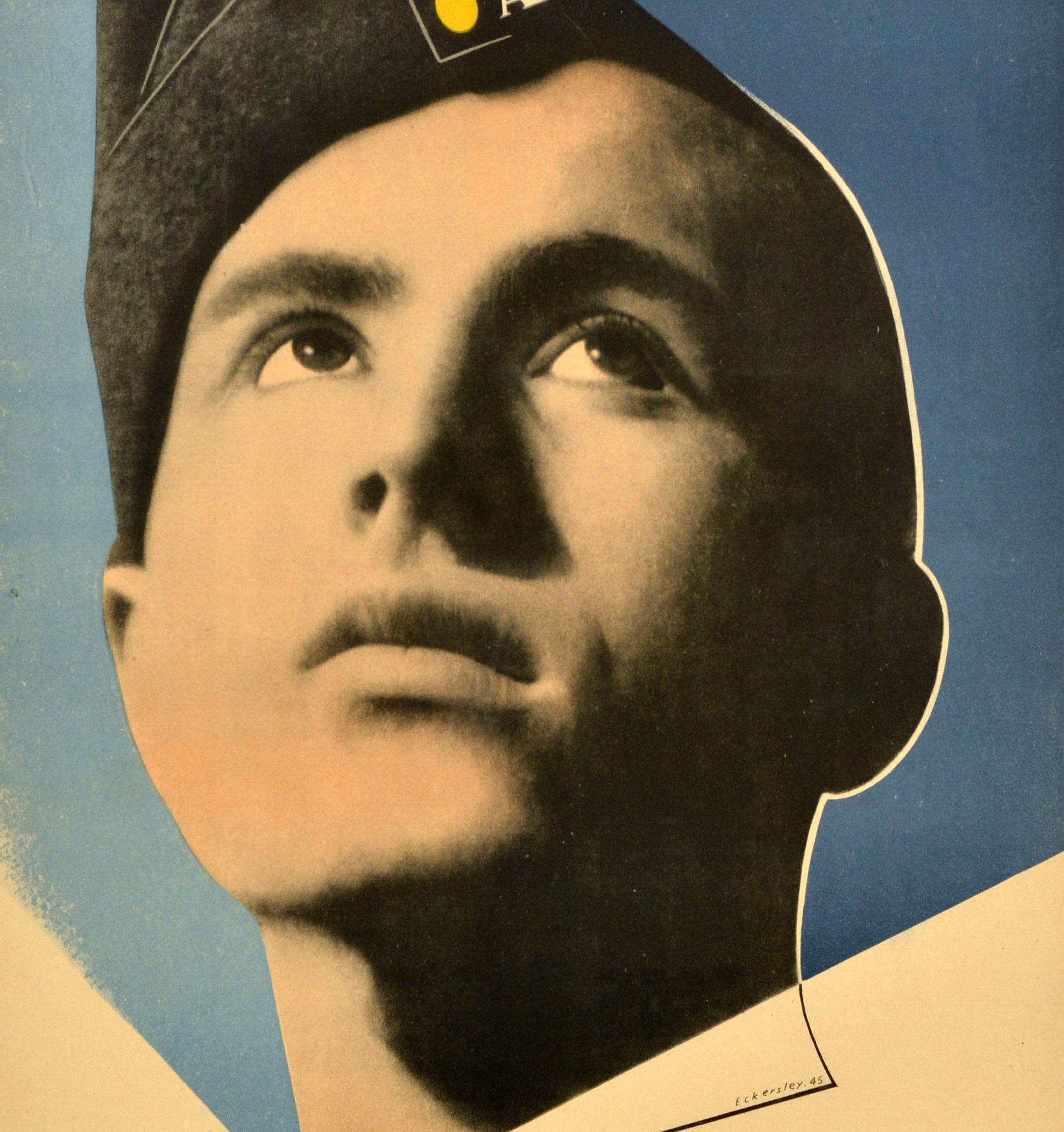 Original vintage World War Two military recruitment propaganda poster - Join The Regular Air Force - featuring a great design by the notable artist Tom Eckersley (1914-1997) of a young soldier in uniform looking up to the caption diagonally on his