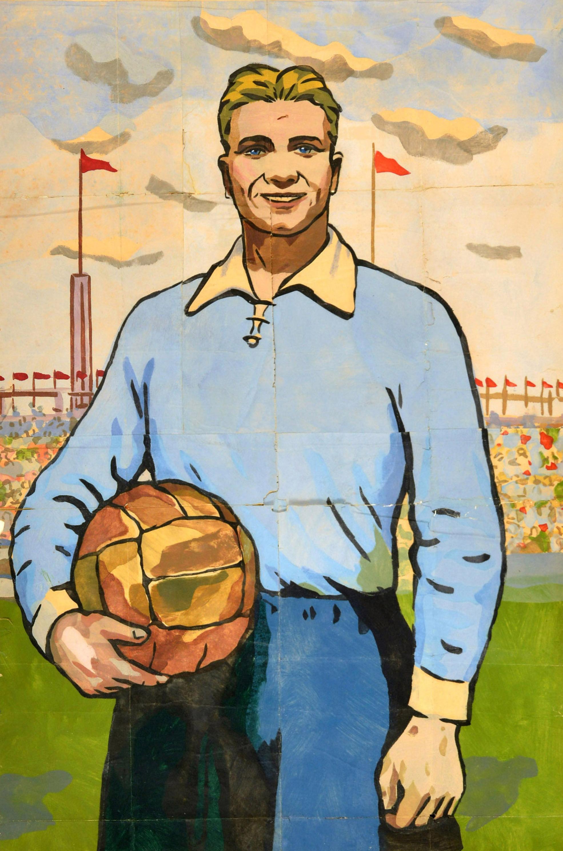 Original vintage WWII era Soviet propaganda poster - Привет Советским футболистам! / Hallo sowjetische Fußballspieler! - mit dem Bild eines Fußballspielers, der einen Ball hält und den Betrachter anschaut, vor Menschen im Stadion, über dem rote