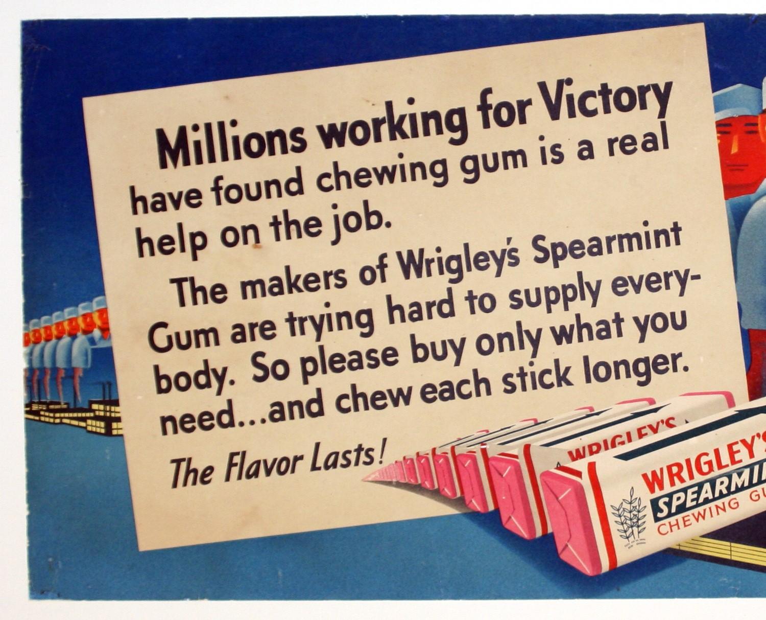 Original rare World War Two poster advertising Wrigley's Spearmint Chewing Gum. Artwork by the American poster designer, Otis Shepard (1893-1969; Wrigley's Art Director 1932-1962). 