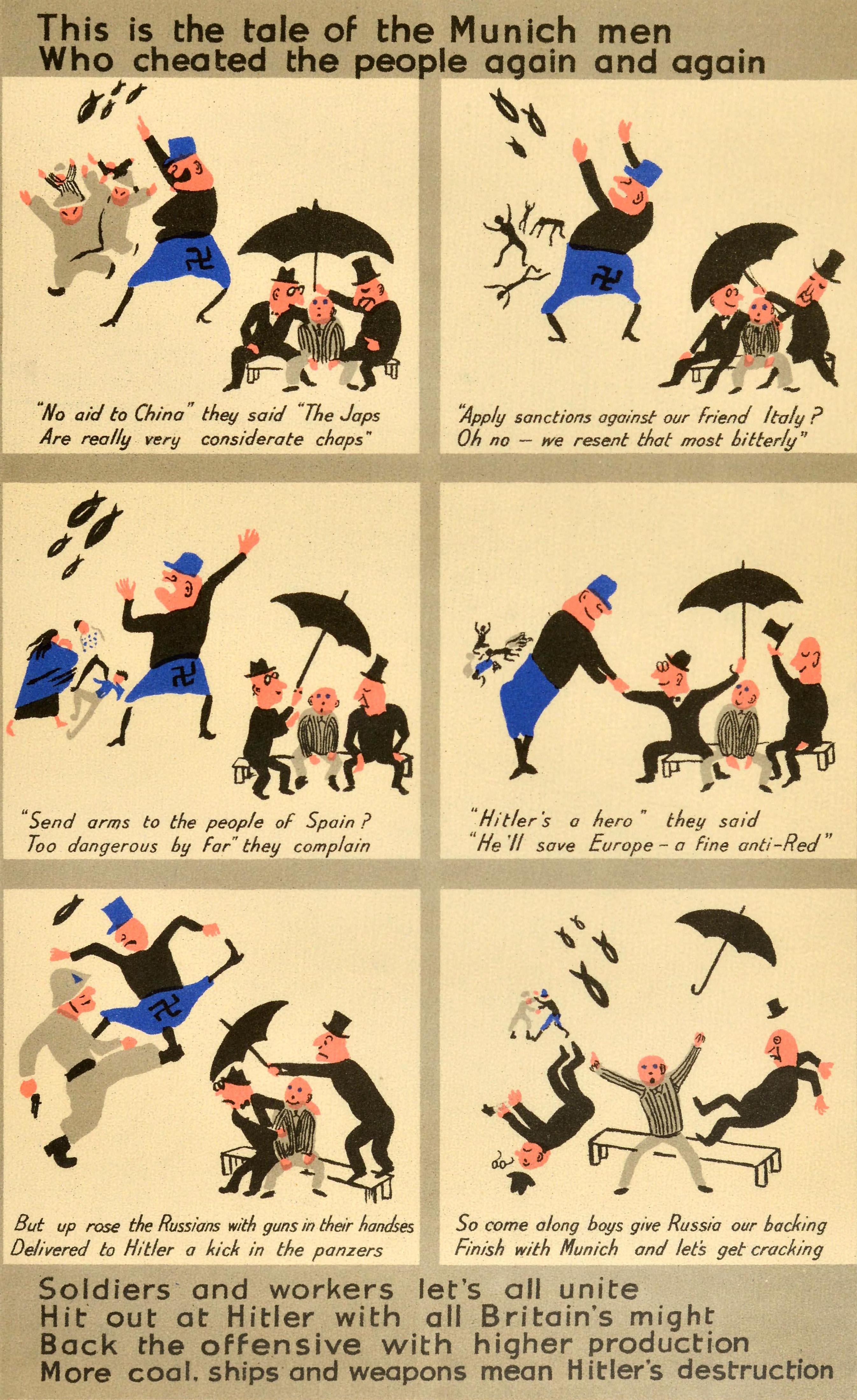 Manifesto di propaganda d'epoca per il Fronte Interno della Seconda Guerra Mondiale con una storia a fumetti in rima con ogni poesia accompagnata da immagini - Questa è la storia degli uomini di Monaco che hanno imbrogliato il popolo ancora e ancora