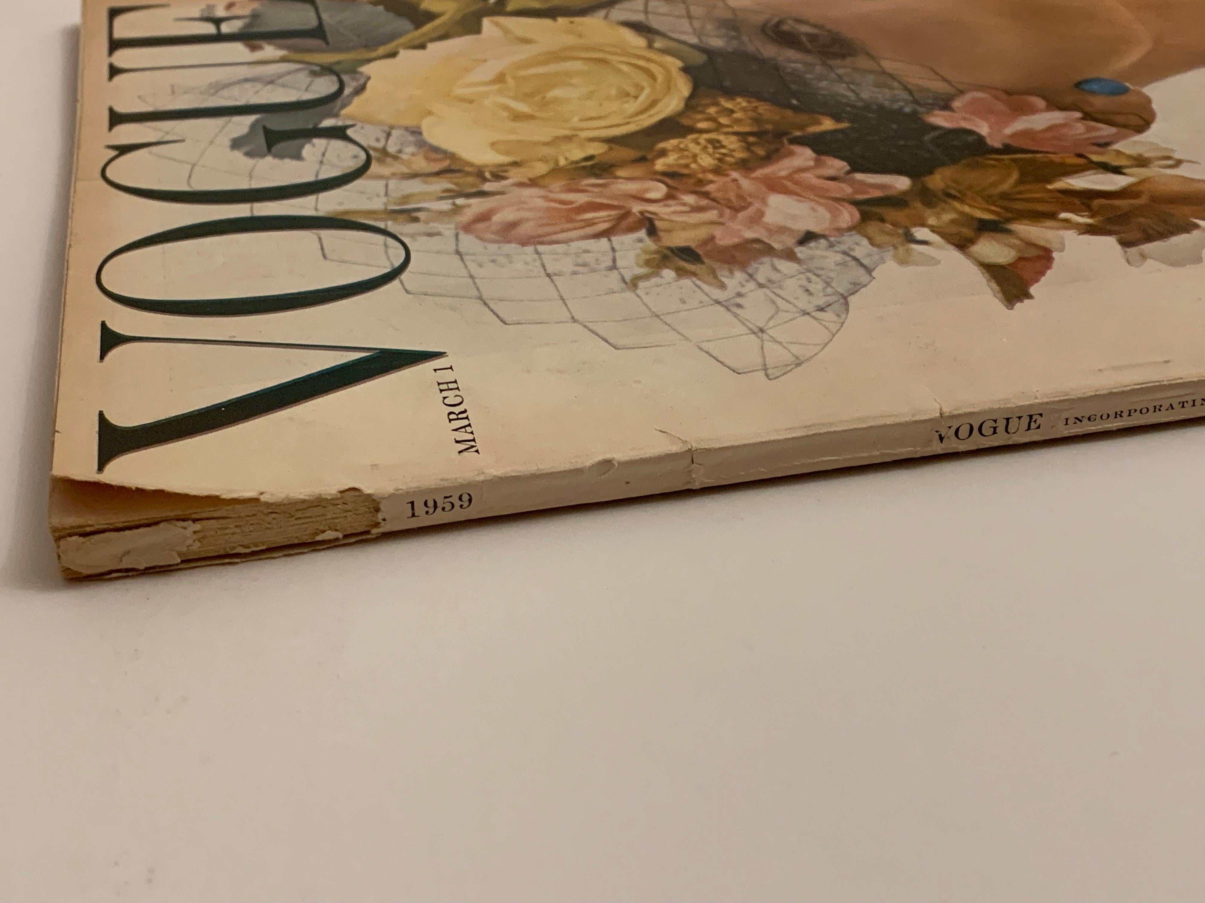 20th Century Original Vogue Magazine March 1959 Issue Floral Pink Yellow Hat Cover