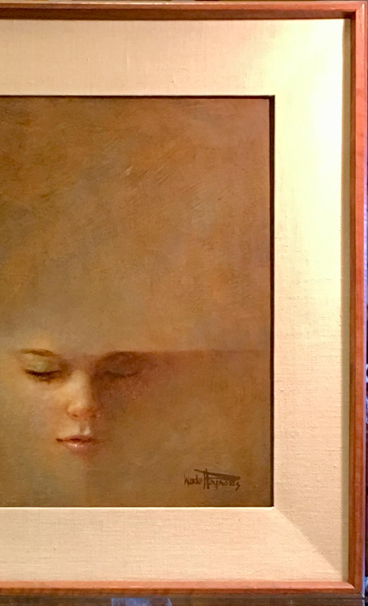 Modern Original Wade Reynolds Mysterious Midcentury Oil Painting of a Girl's Face