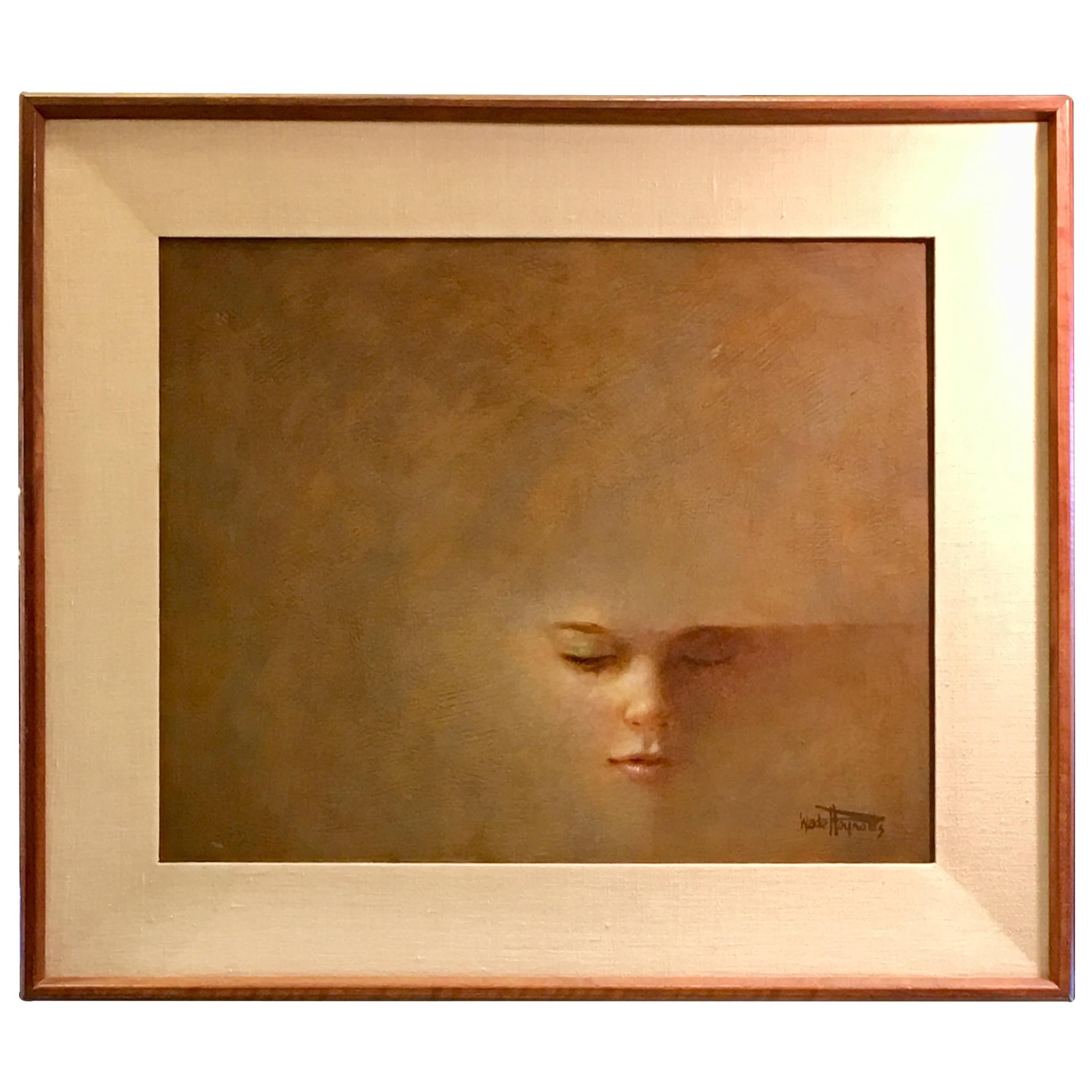 Original Wade Reynolds Mysterious Midcentury Oil Painting of a Girl's Face