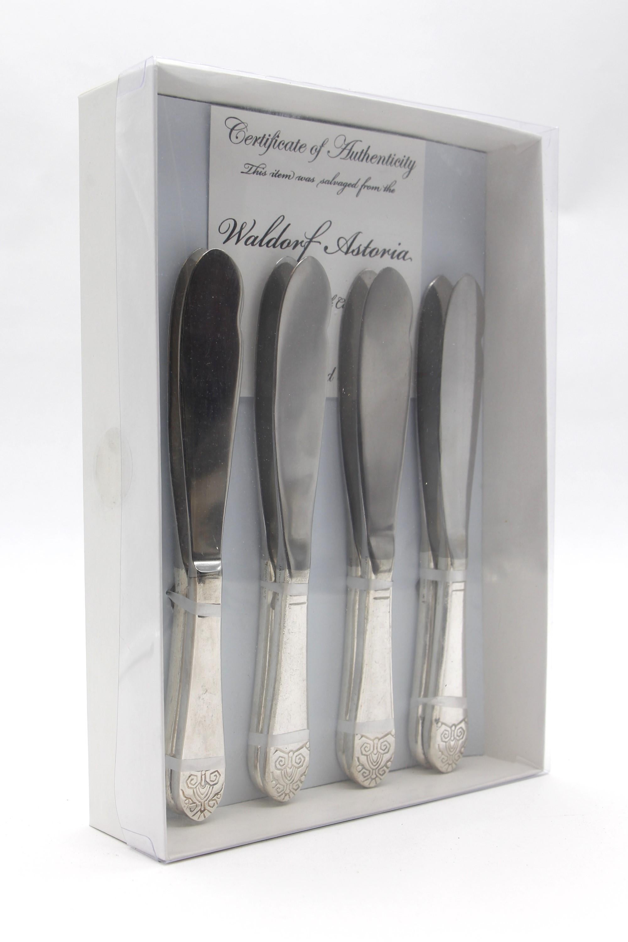 Silver plated steel 8 piece fish knife flatware set. Manufactured by Oneida wit the original 1931 Waldorf Astoria logo on the handle. These pieces were used in the New York City Waldorf Astoria Hotel. All 8 pieces are stamped Waldorf Astoria on the