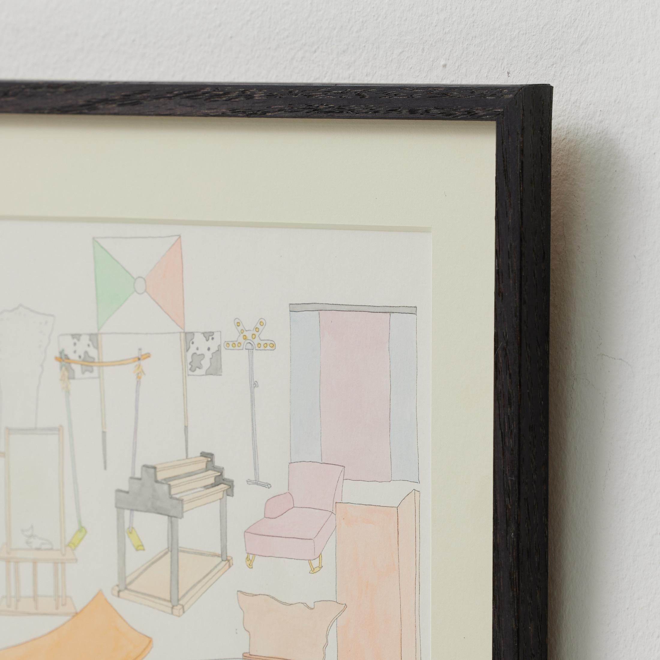 Disegno originale ad acquerello di disegni di mobili di Carles Riart, firmato 3