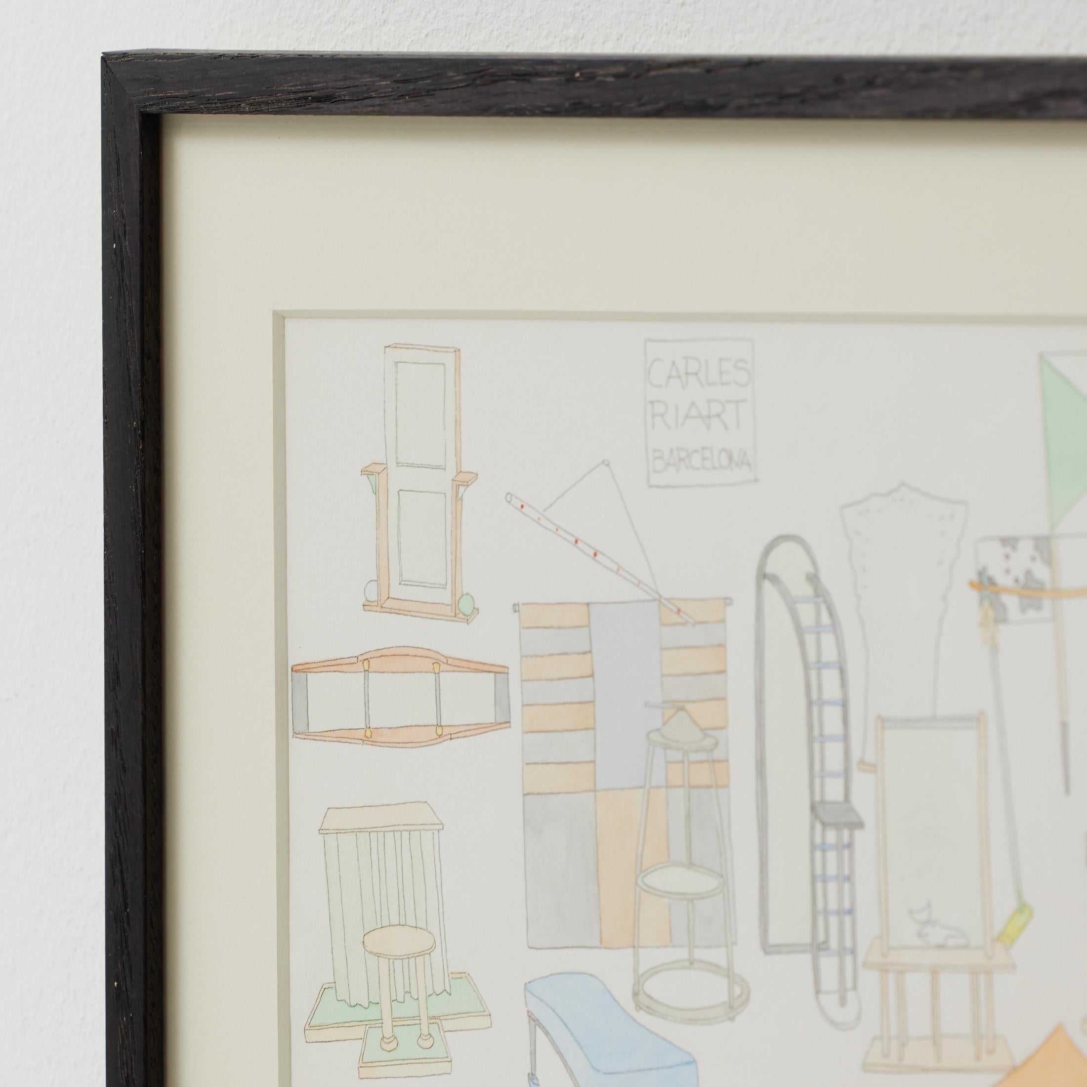 Disegno originale ad acquerello di disegni di mobili di Carles Riart, firmato 4