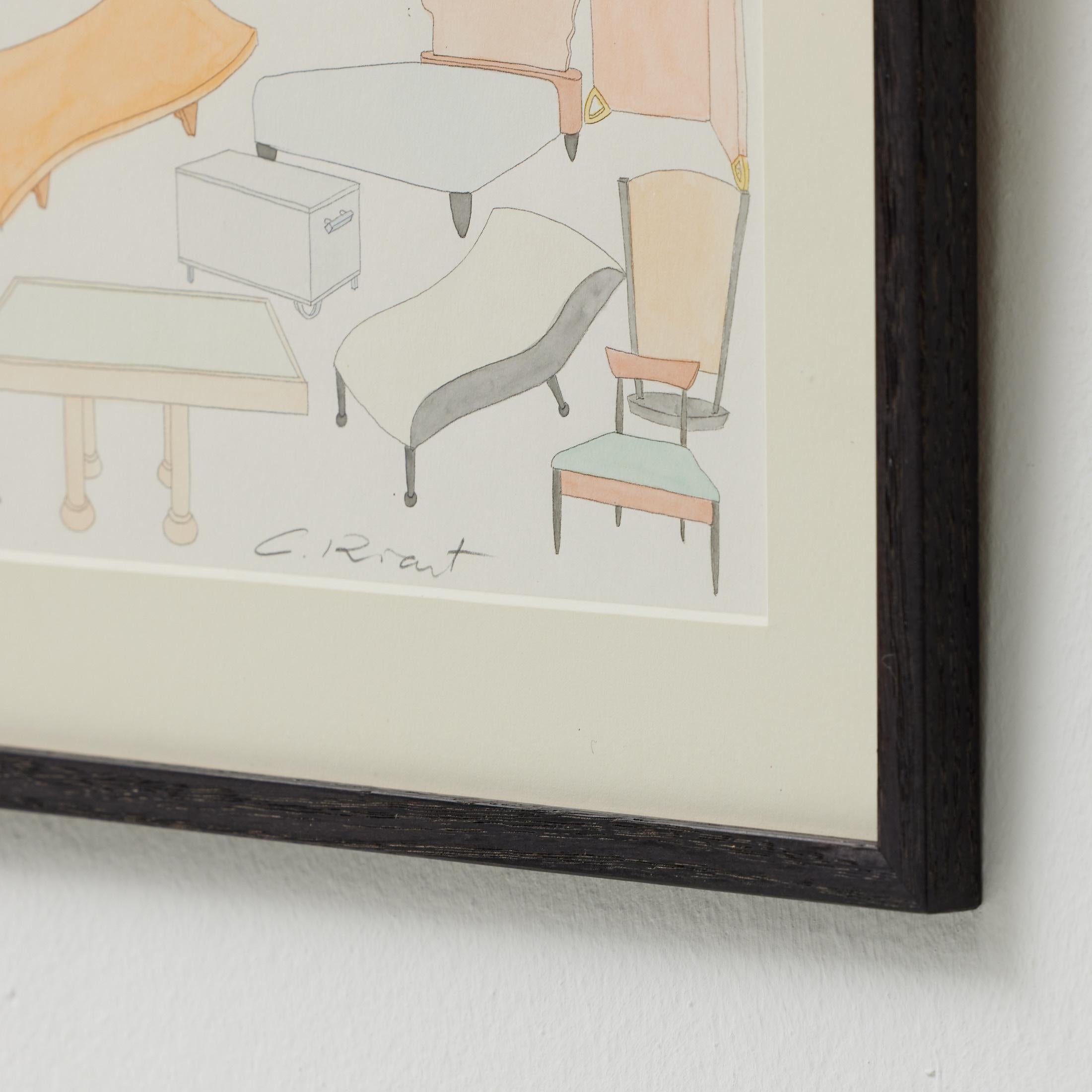 Disegno originale ad acquerello di disegni di mobili di Carles Riart, firmato 5