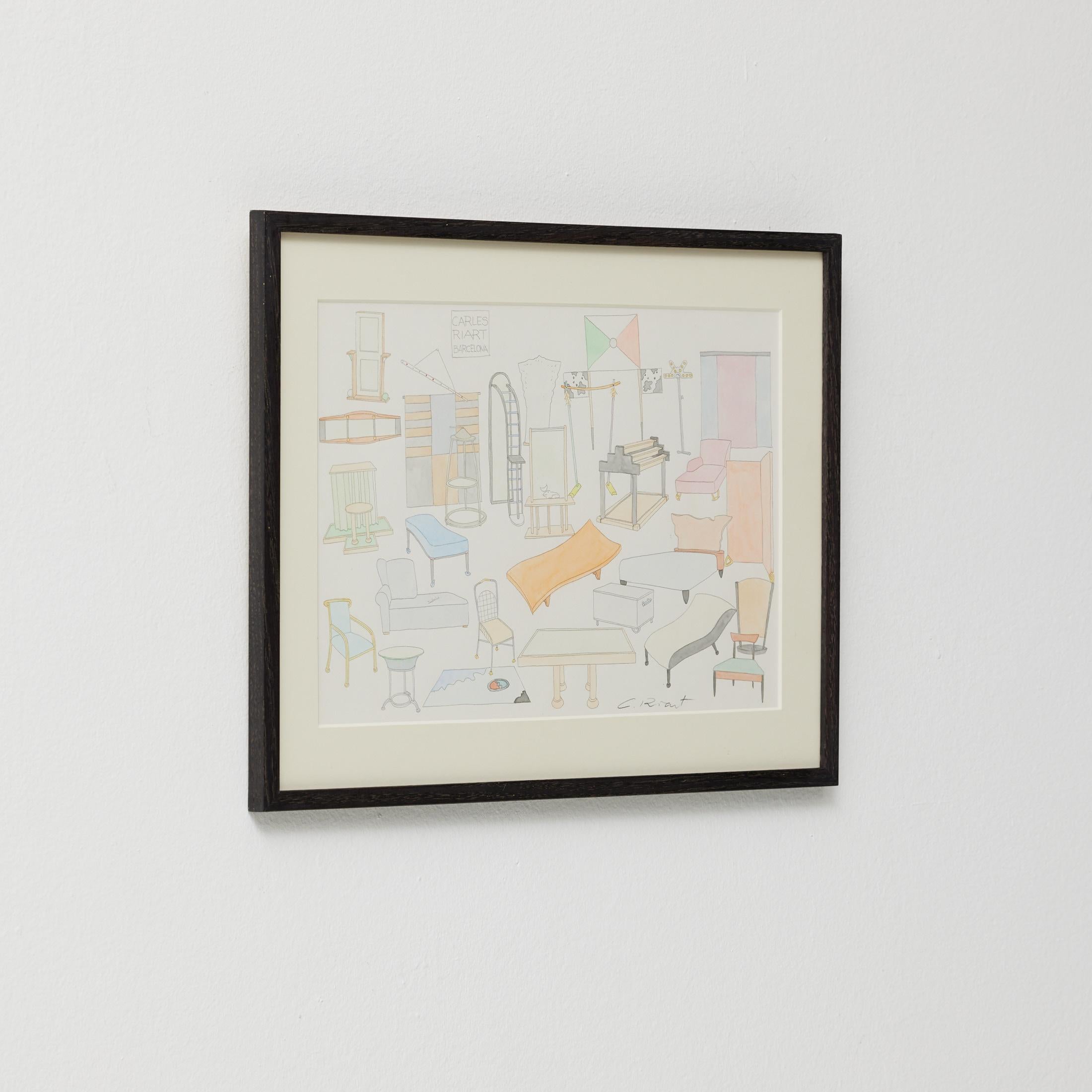 Mid-Century moderno Disegno originale ad acquerello di disegni di mobili di Carles Riart, firmato