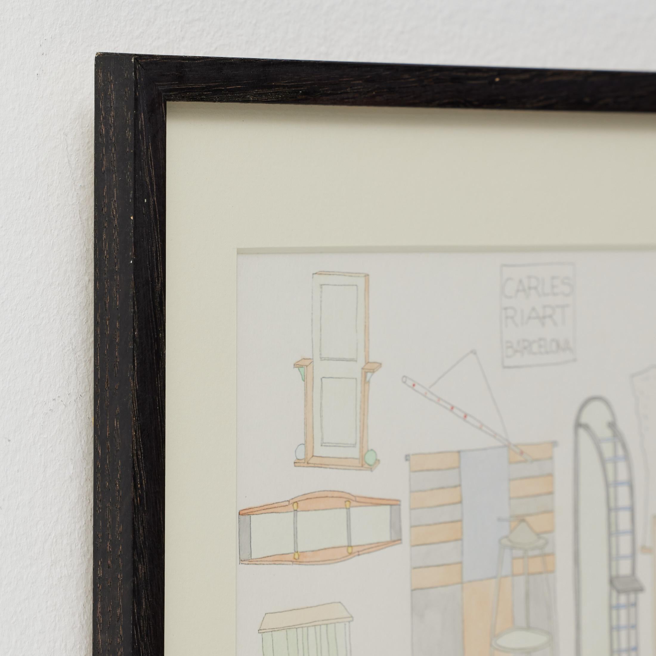 Spagnolo Disegno originale ad acquerello di disegni di mobili di Carles Riart, firmato
