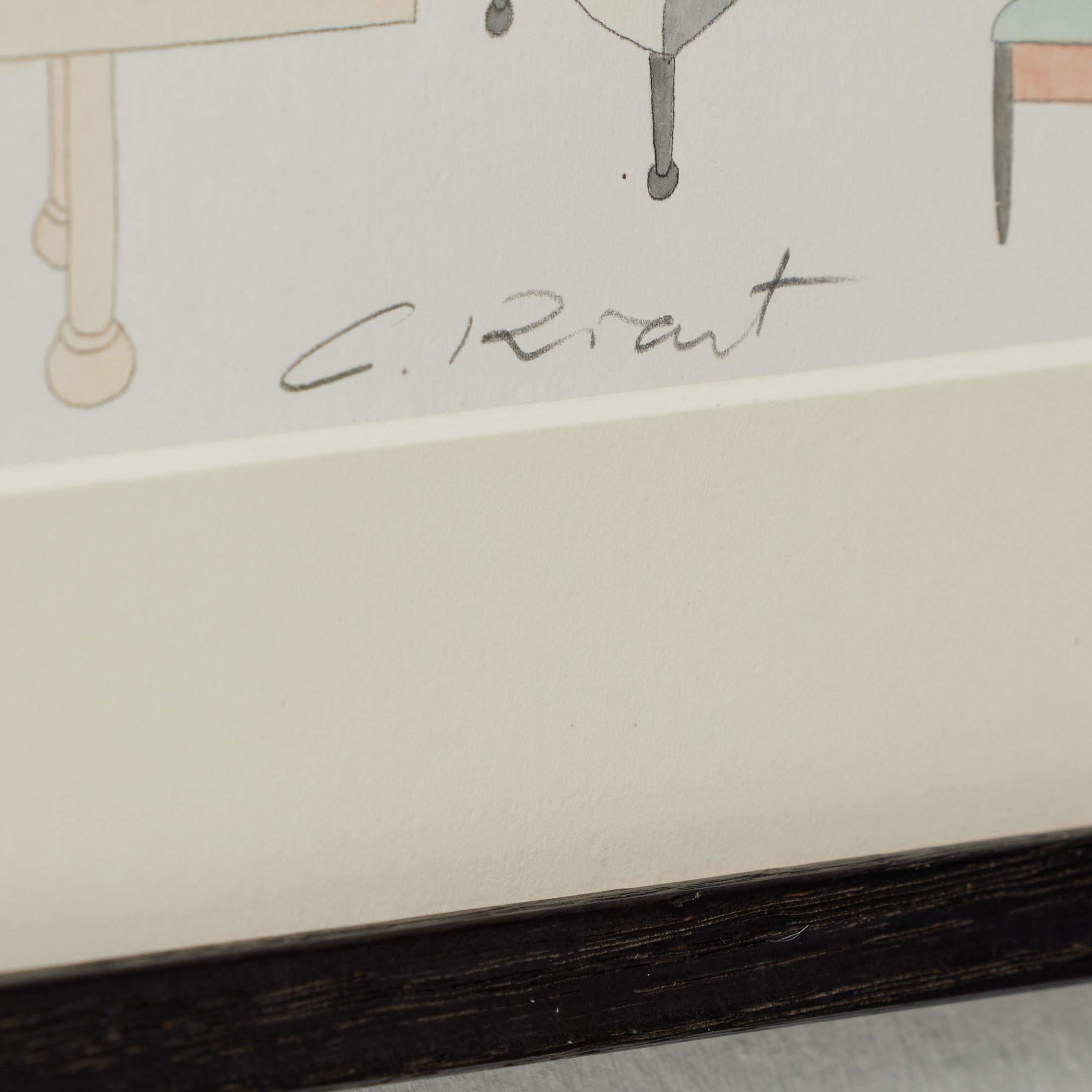 Carta Disegno originale ad acquerello di disegni di mobili di Carles Riart, firmato