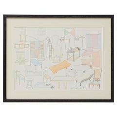 Disegno originale ad acquerello di disegni di mobili di Carles Riart, firmato