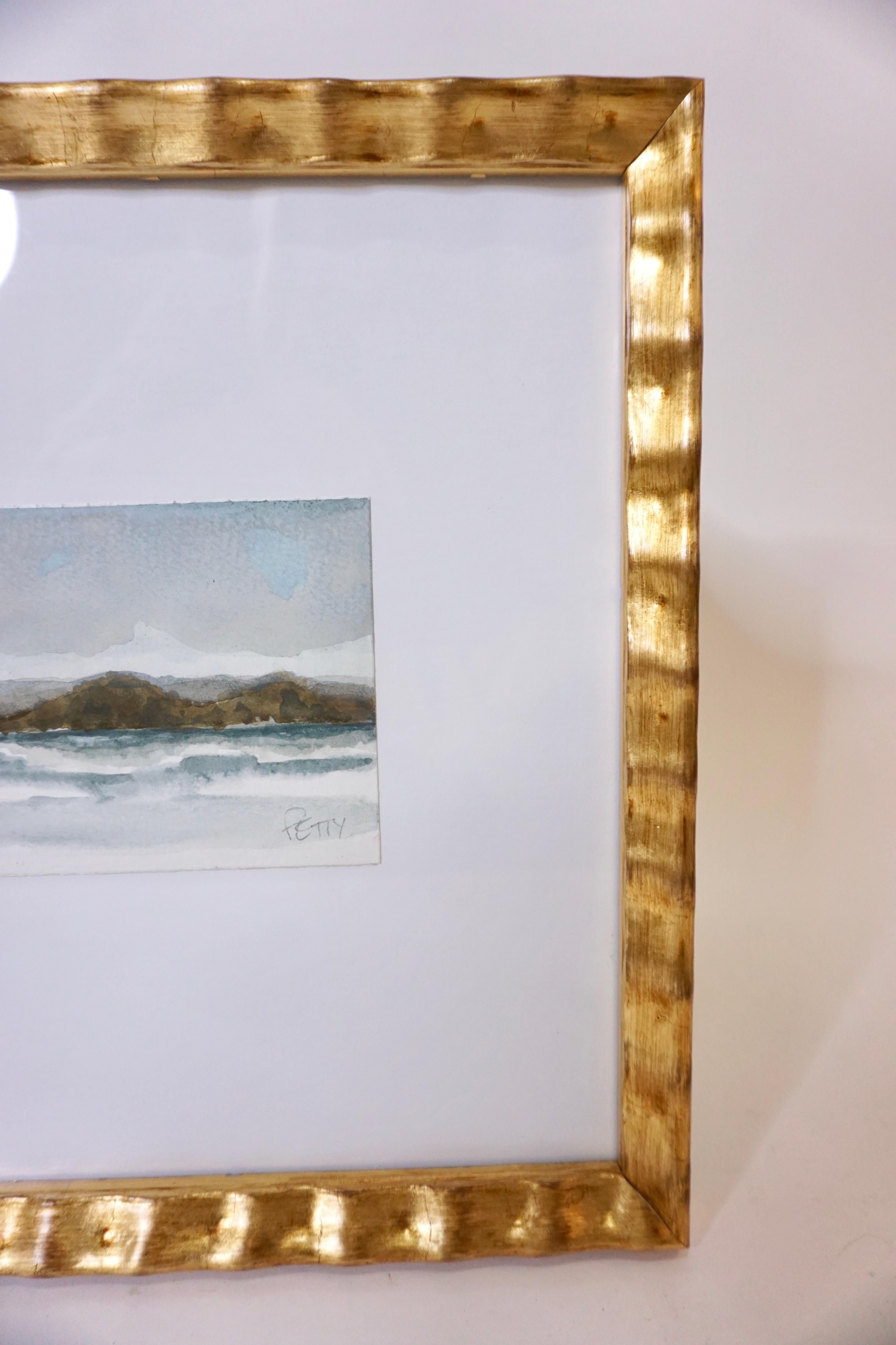 Created by artist Kim Petty, this moody watercolor is a beautiful home accent and comes matted in a gold, textured frame. Picture hanging wire is attached on the back side, making it easy to hang in any space!