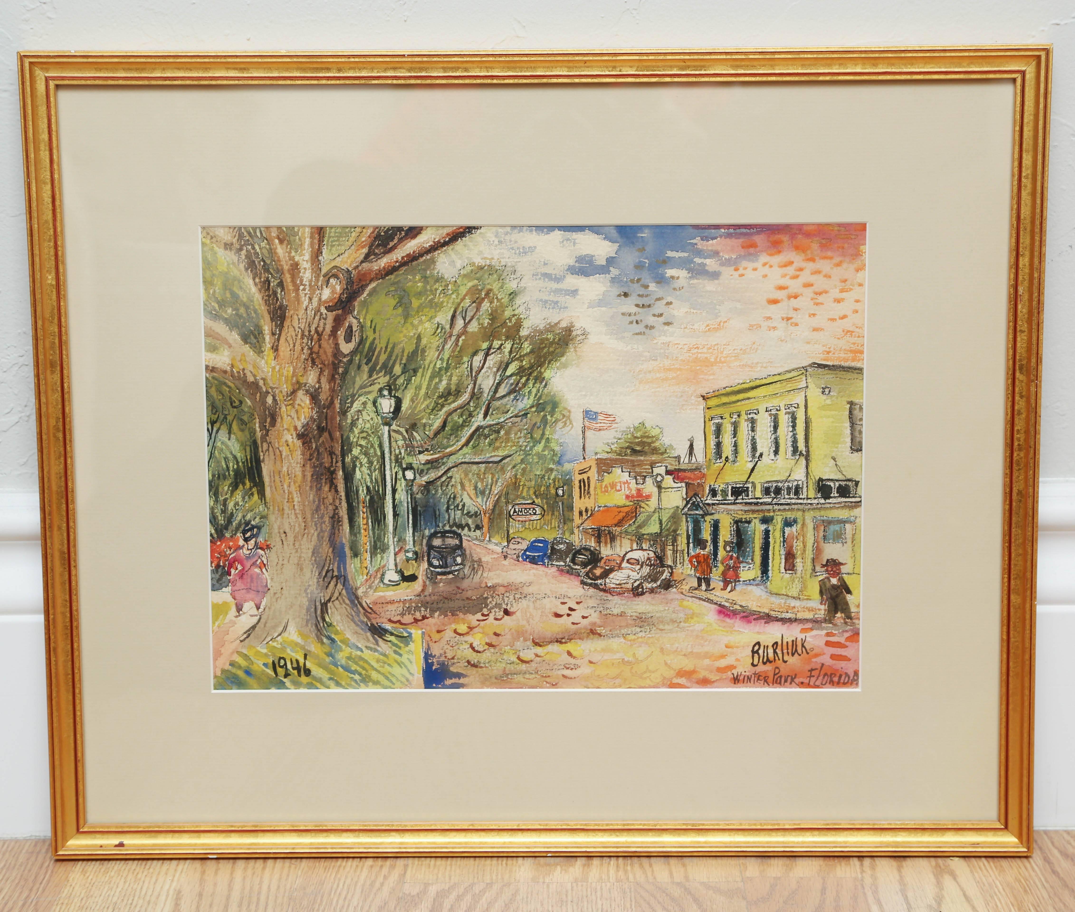 Beautiful landscape watercolor of the main street in Winter Park, Florida in 1946.
Image size 10.5