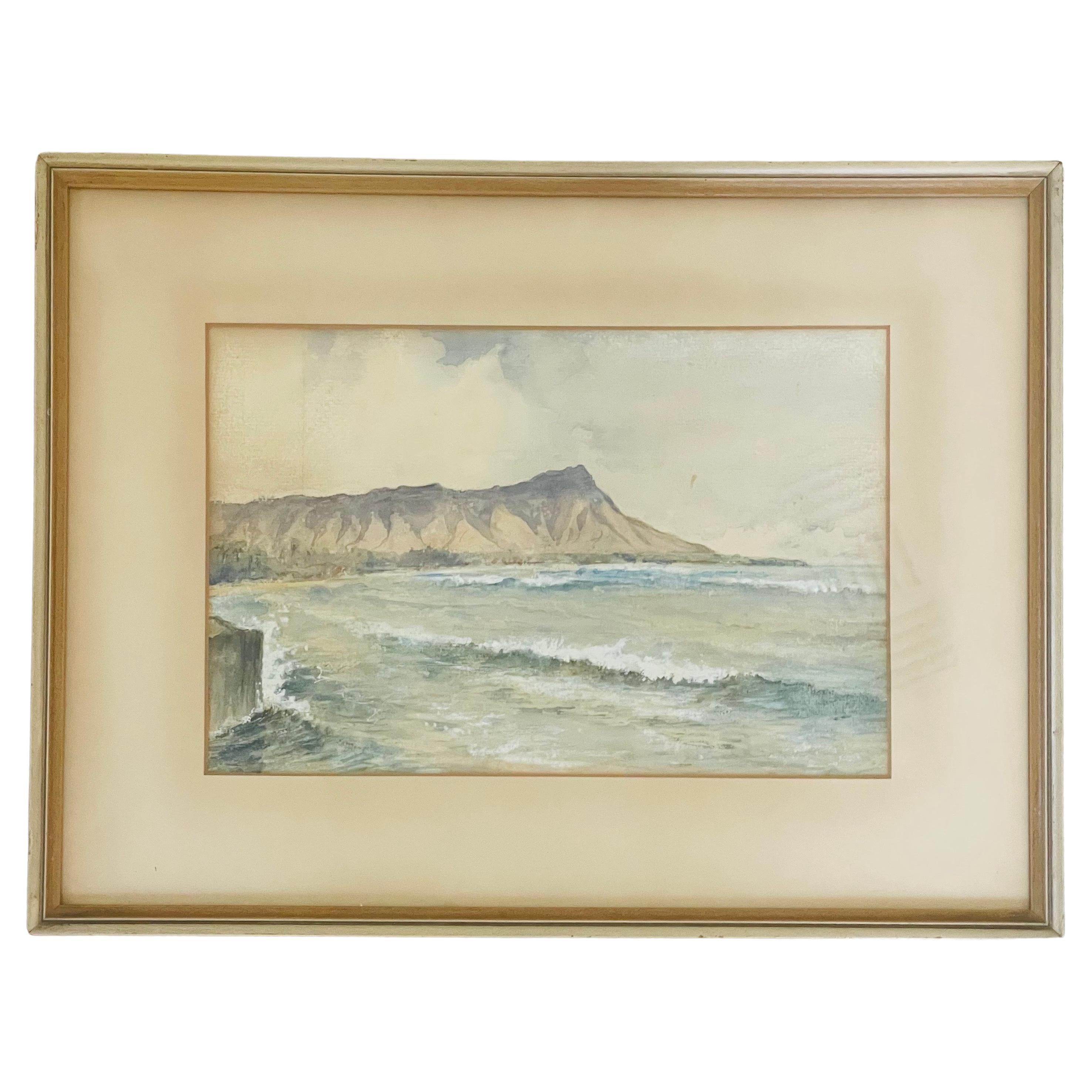 Original Watercolor on Board Painting Entitled "Diamond Head 1893" Great Story For Sale
