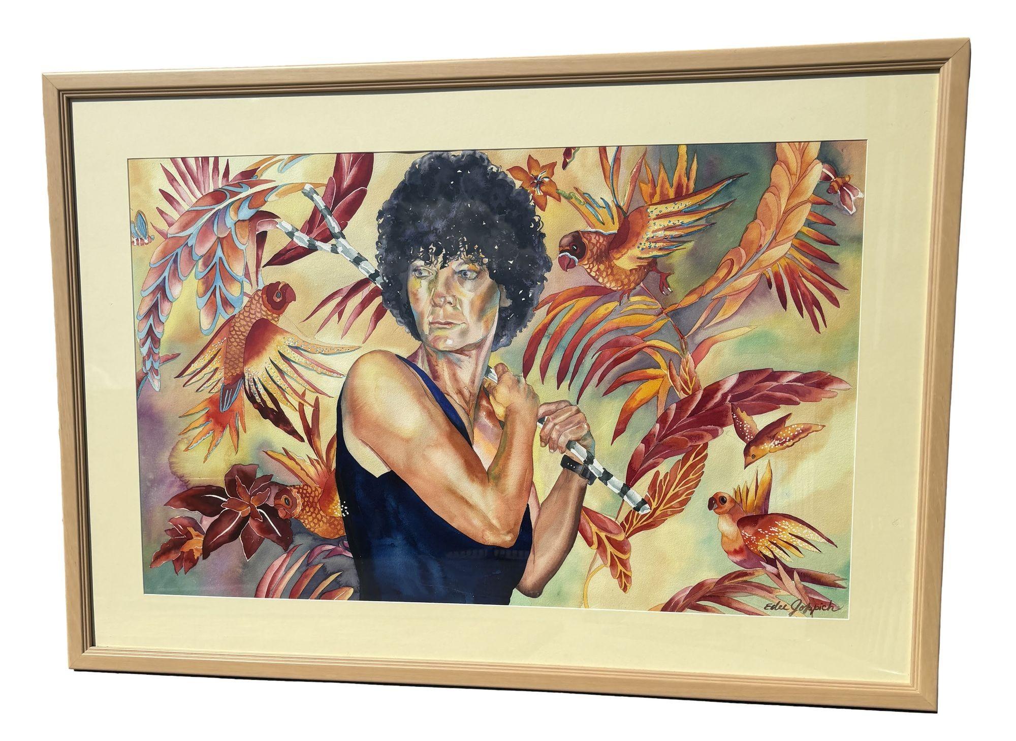 Oirignal watercolor portrait on paper signed by Edee Joppich featuring a woman in a leotard against a multicolor background with multicolored macaws surrounding her.

Comes in the original gallery frame.

Edee Joppich, a seasoned artist, earned her