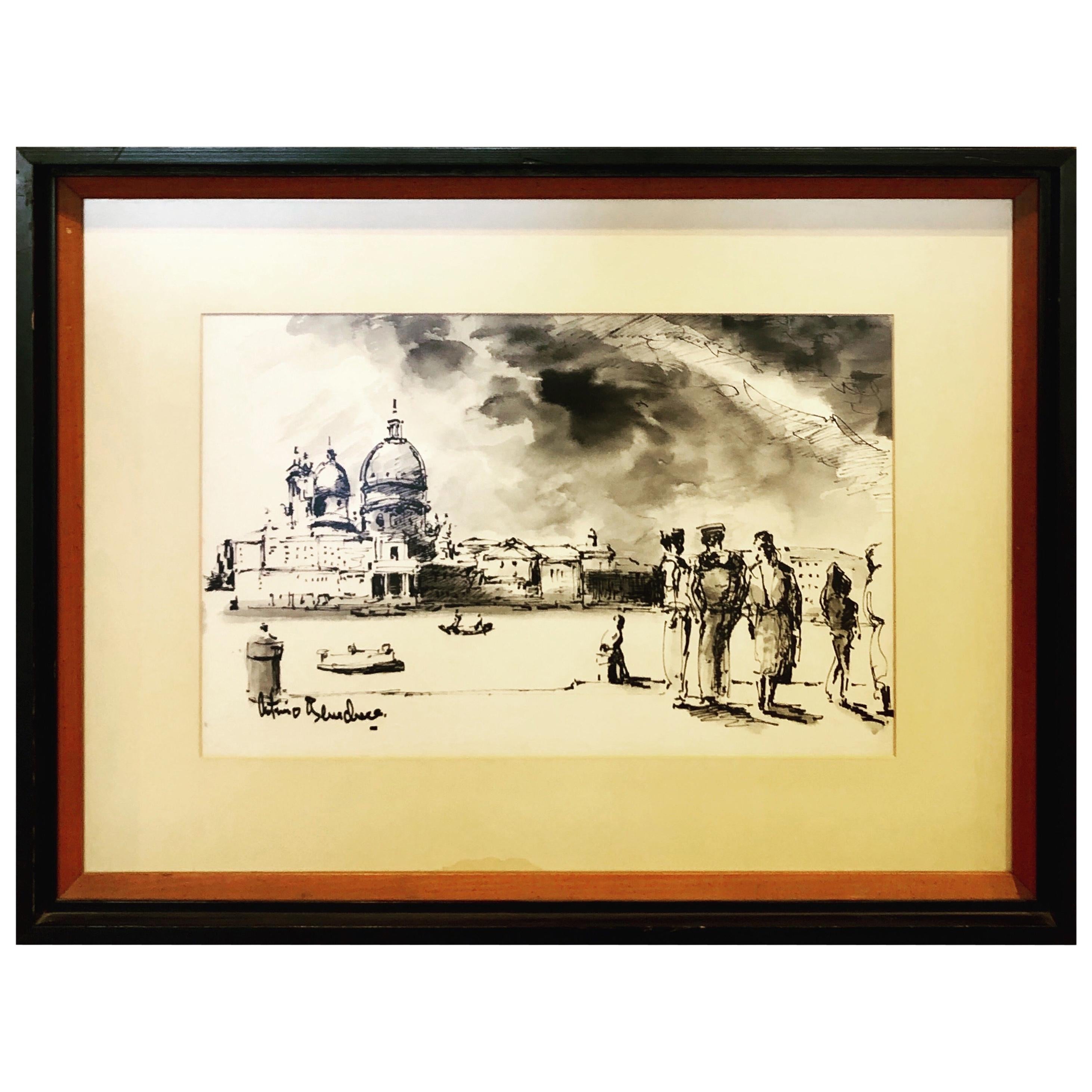 Acuarela original del artista italiano Antimo Beneduce Enmarcada