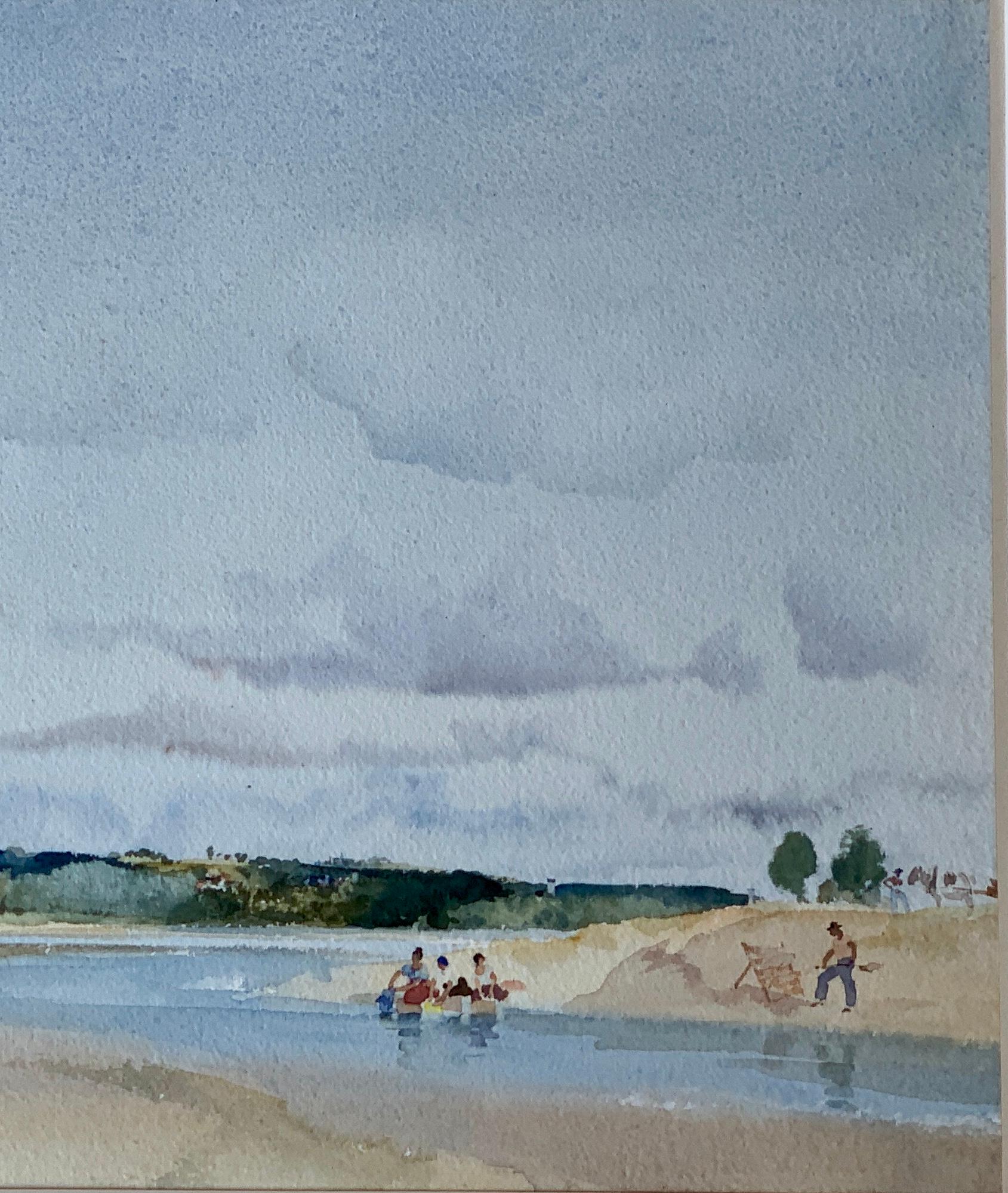 
“Morning on the Loire” is a soft, original impressionistic style watercolor on paper of a cloudy beach scene on the Loire River, the longest river in France, by the famous deceased listed Scottish painter, Sir William Russell Flint (1880-1969). The