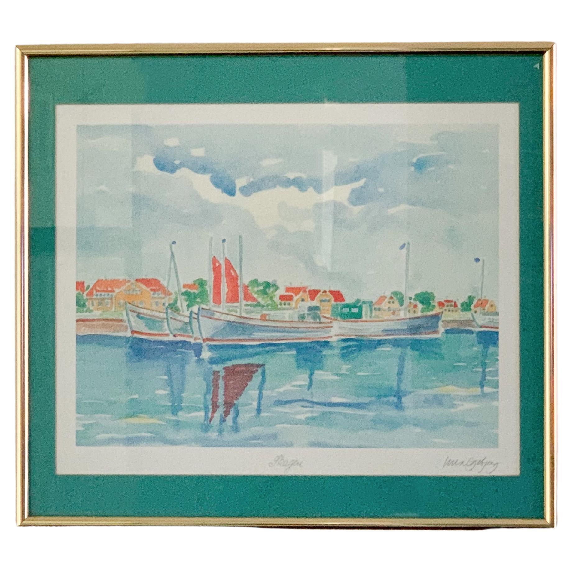 Peinture à l'aquarelle originale, scène du port de Skagen