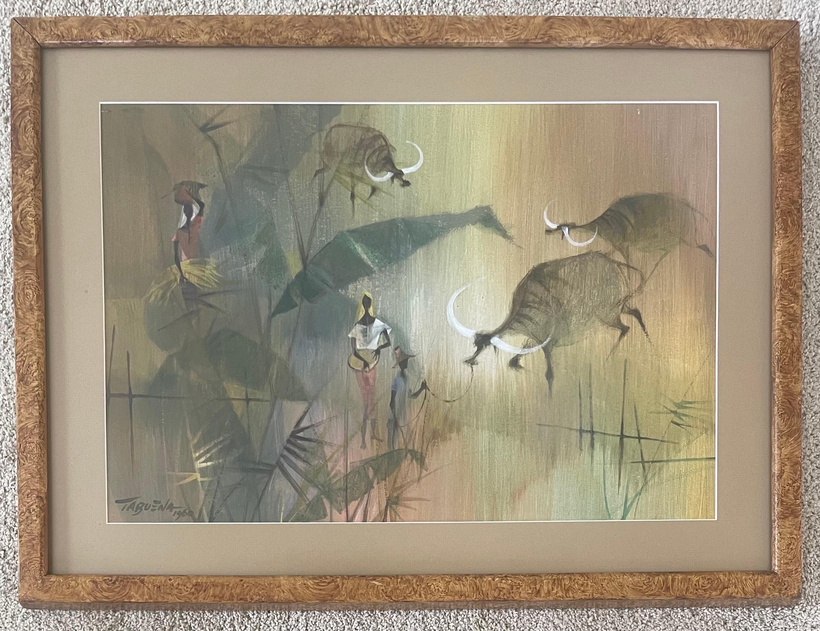 Original watercolor on board painting of Water Buffaloes by renowned Filipino  artist Romeo Villalva Tabuena, circa 1960.   The painting is very bright and colorful and measures 26