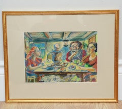 Original Watercolor Tea Party, Signed 1946, by David Burliuk