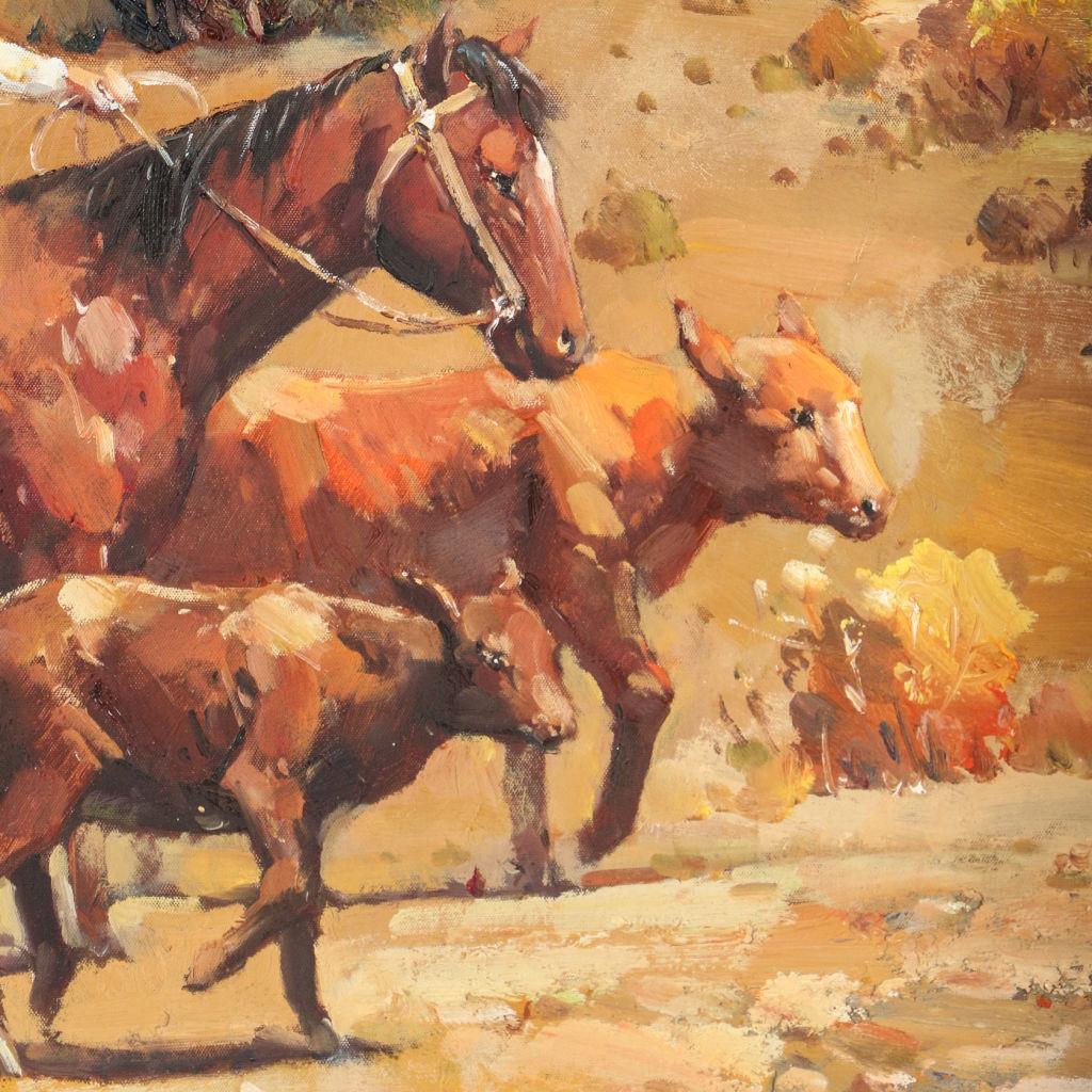 20th Century Original Western Oil on Canvas Painting of Cowboy on Horseback Roping Calf