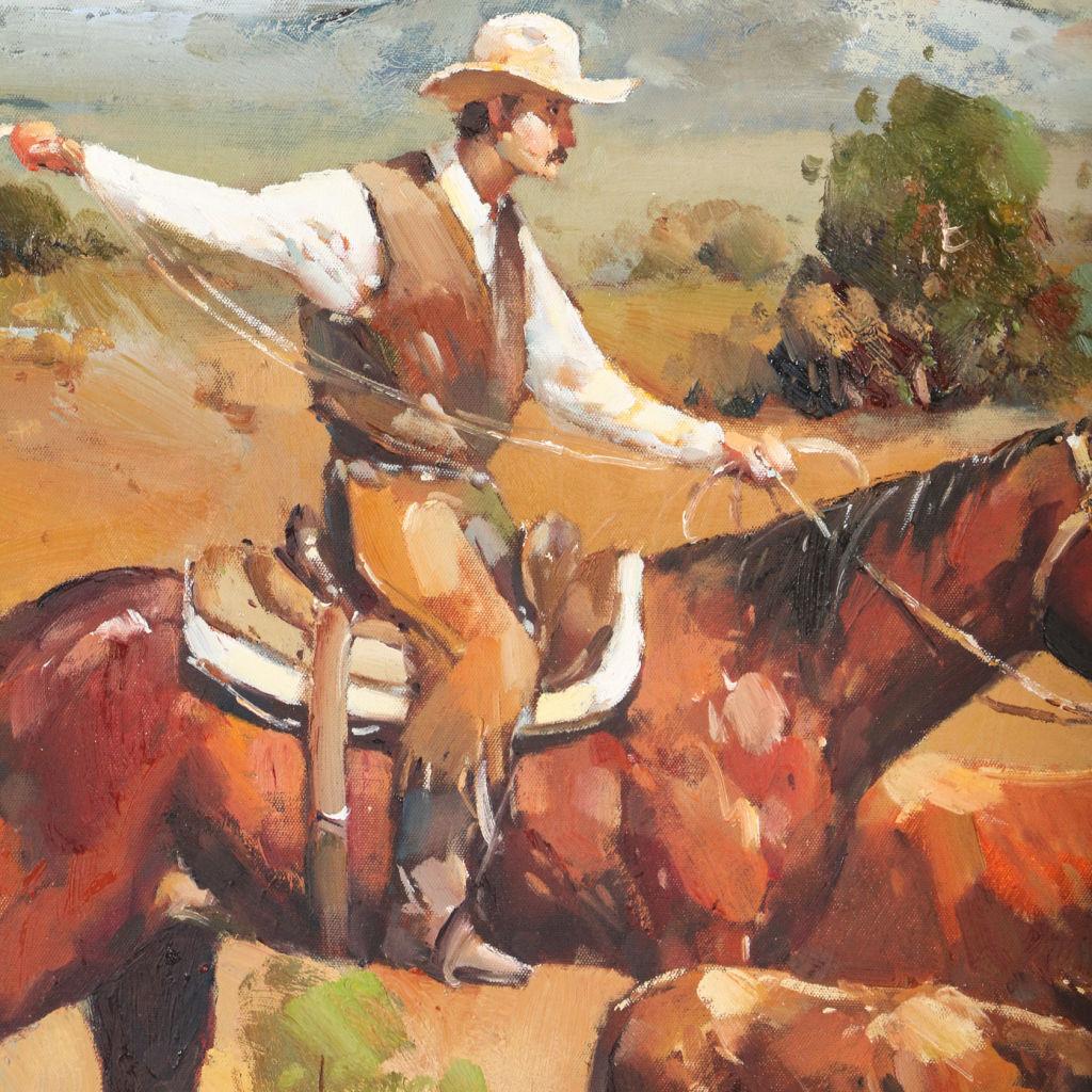 Original Western Oil on Canvas Painting of Cowboy on Horseback Roping Calf 2