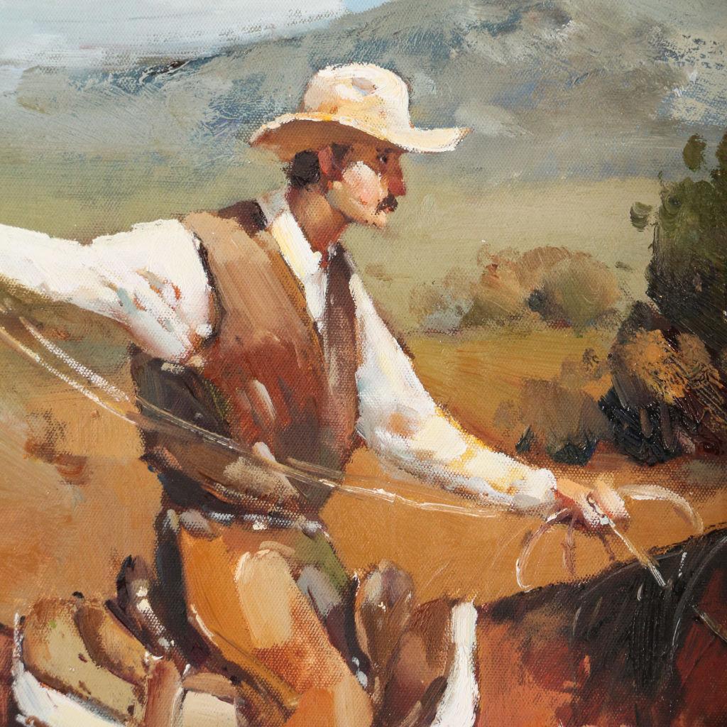 Original Western Oil on Canvas Painting of Cowboy on Horseback Roping Calf 3