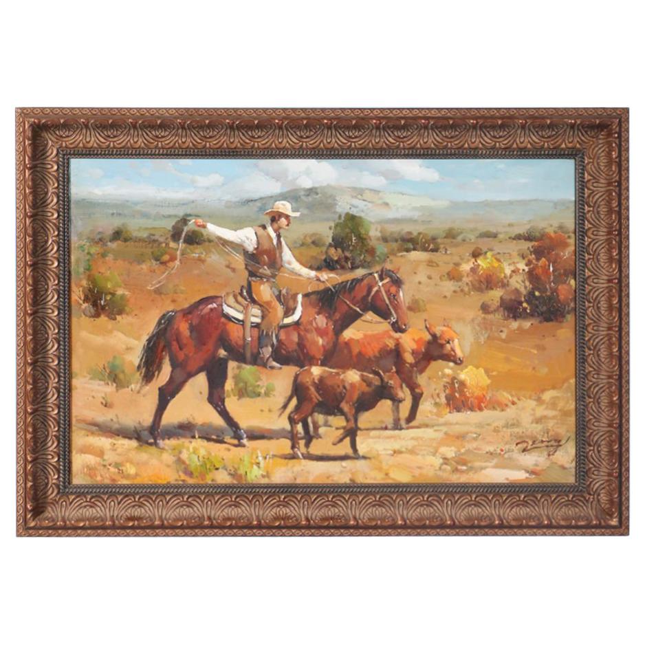 Original Western Oil on Canvas Painting of Cowboy on Horseback Roping Calf