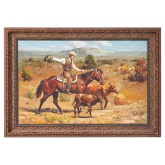 Original Western Oil on Canvas Painting of Cowboy on Horseback Roping Calf