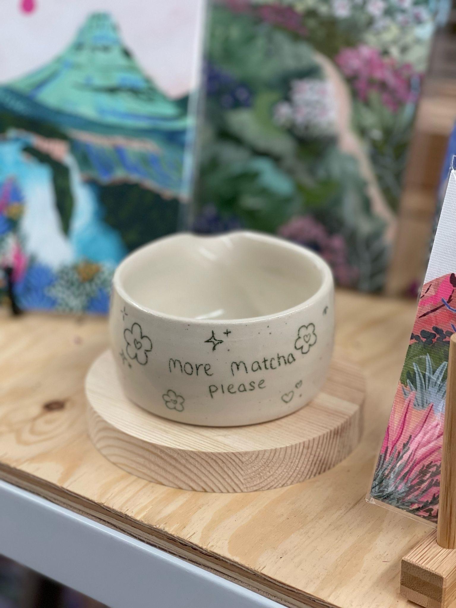 Original Wheel Thrown Hand Painted Ceramic “ More Matcha Please” Cup  In Good Condition In Seattle, WA