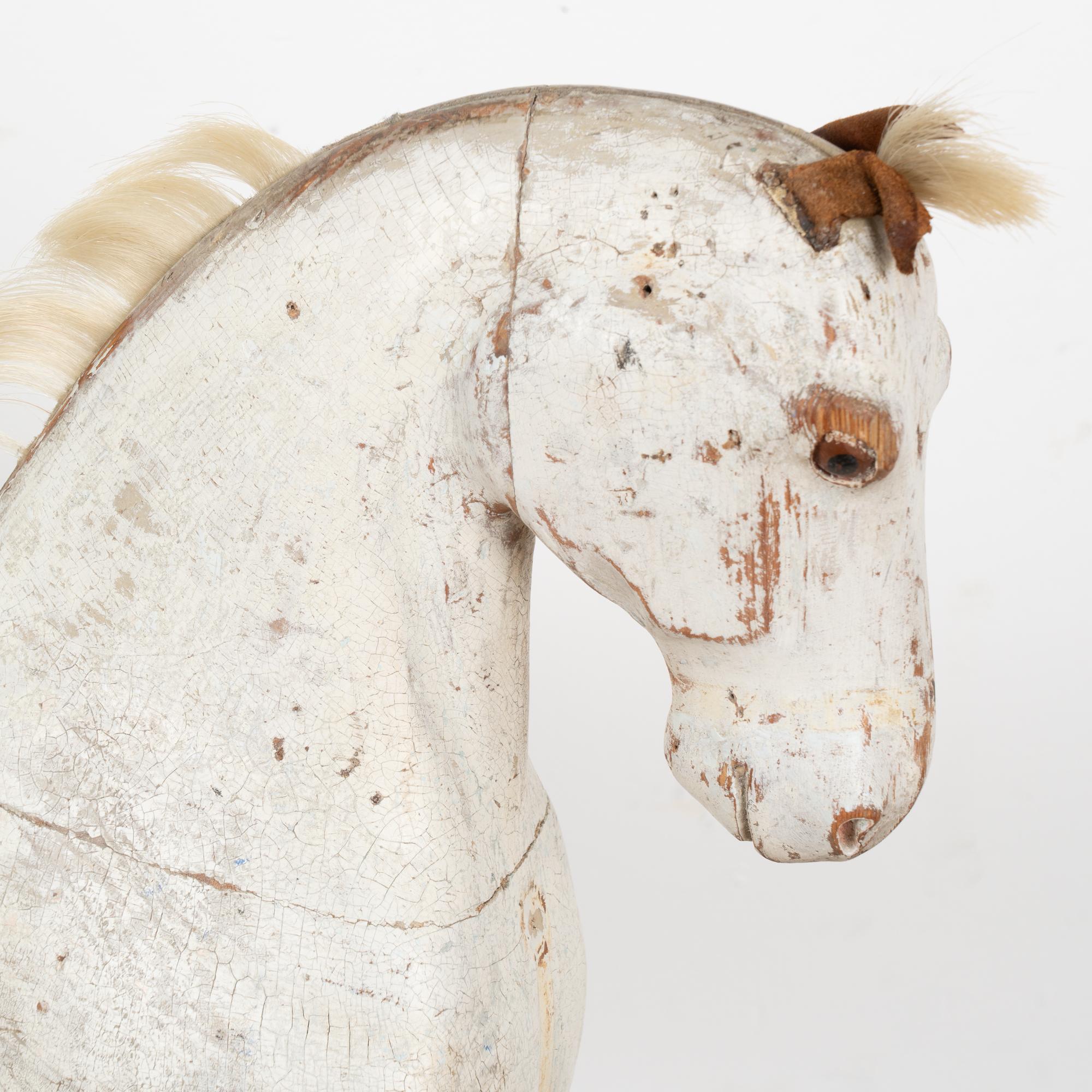 Leather Original White Painted Carved Pine Horse, Sweden circa 1880 For Sale