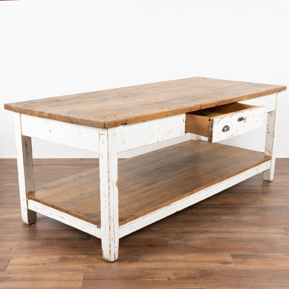 Hungarian Original White Painted Work Table Kitchen Island Potting Shed Table, circa 1900s