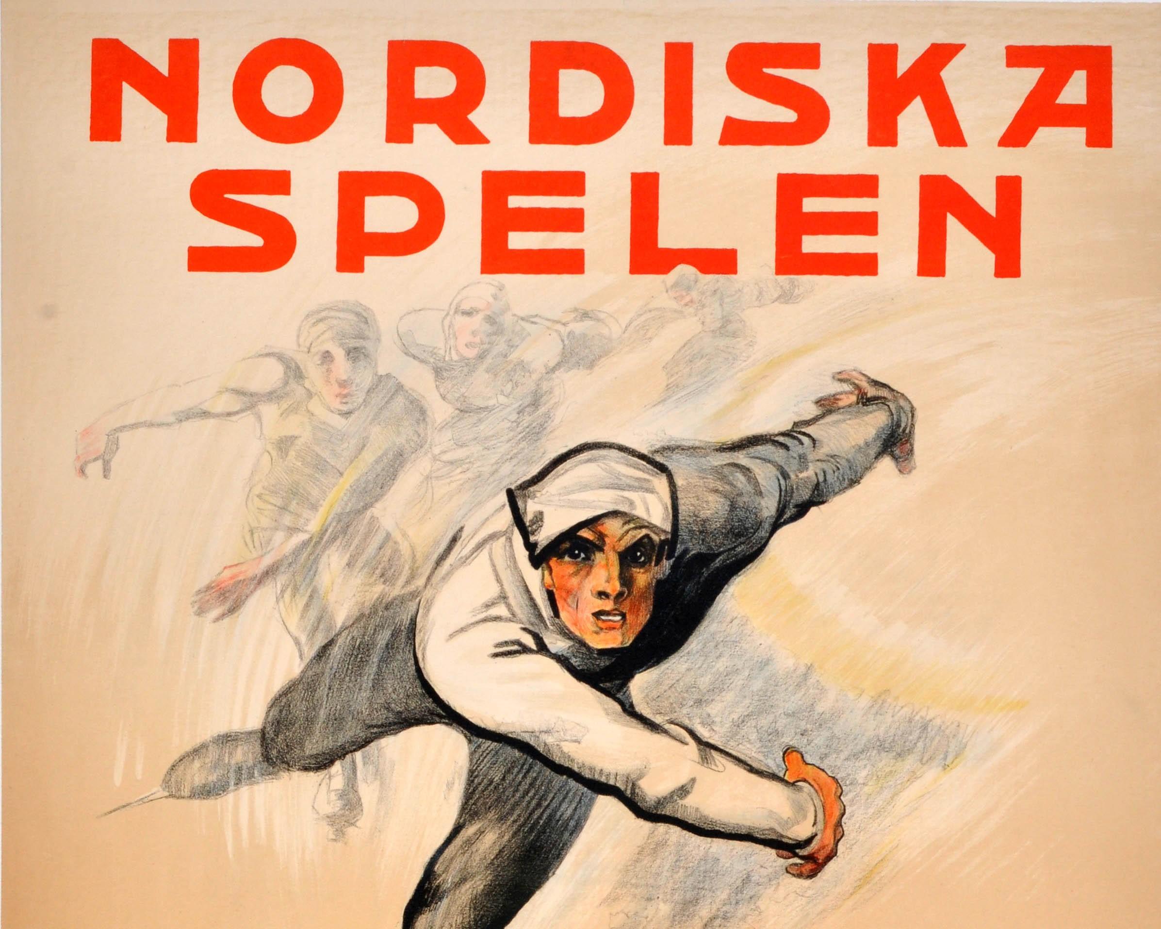 Original vintage winter sports poster featuring an image of ice skating competitors for the Northern Winter Games - Nordiska Spelen - Stockholm 4-12 February 1922 / Northern Games, International Competitions. Artwork by the Swedish artist Gunnar