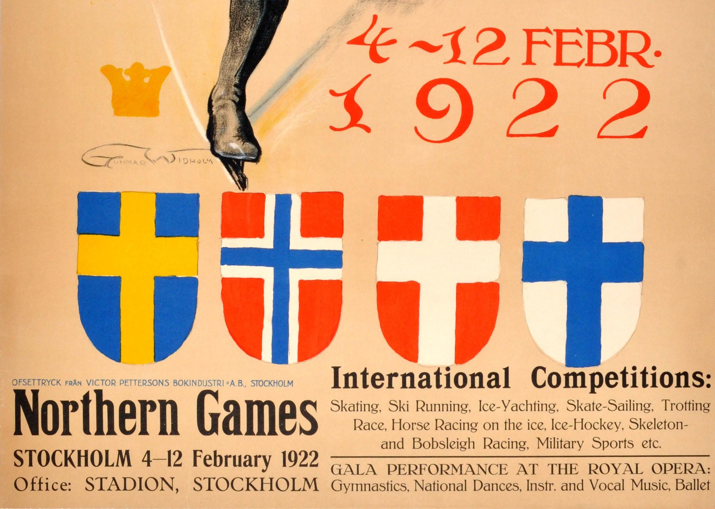 Swedish Original Winter Sports Poster For The 1922 Northern Games Featuring Ice Skating