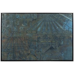 Original Wood Carved Letterpress Carnival Midway Scene Carousel Ferris Wheel