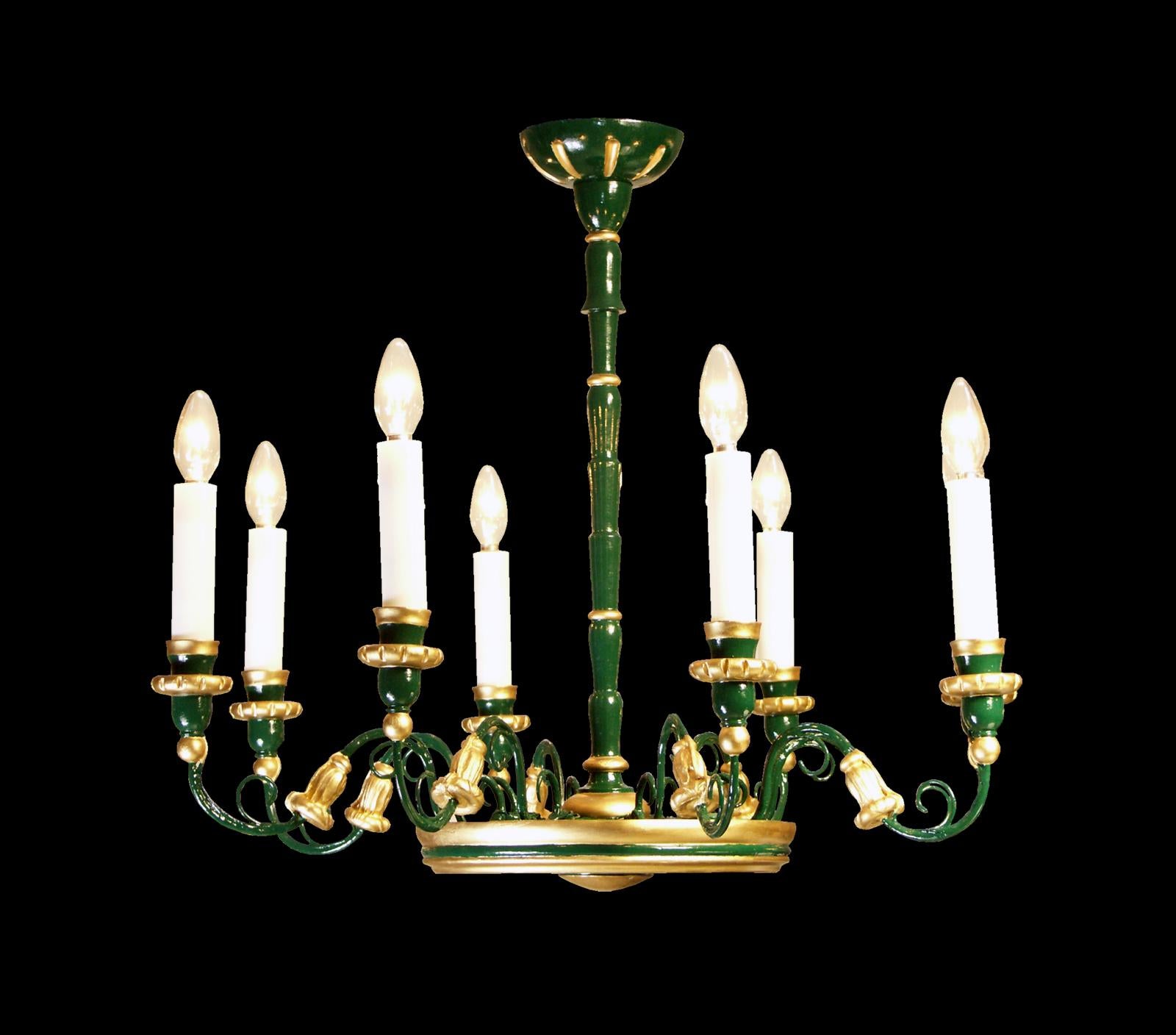 Wooden Biedermeier chandelier from 1920, eight candles restored.
 Carved wood wiht layers of lacquer in green and Gold

All components according to the UL regulations