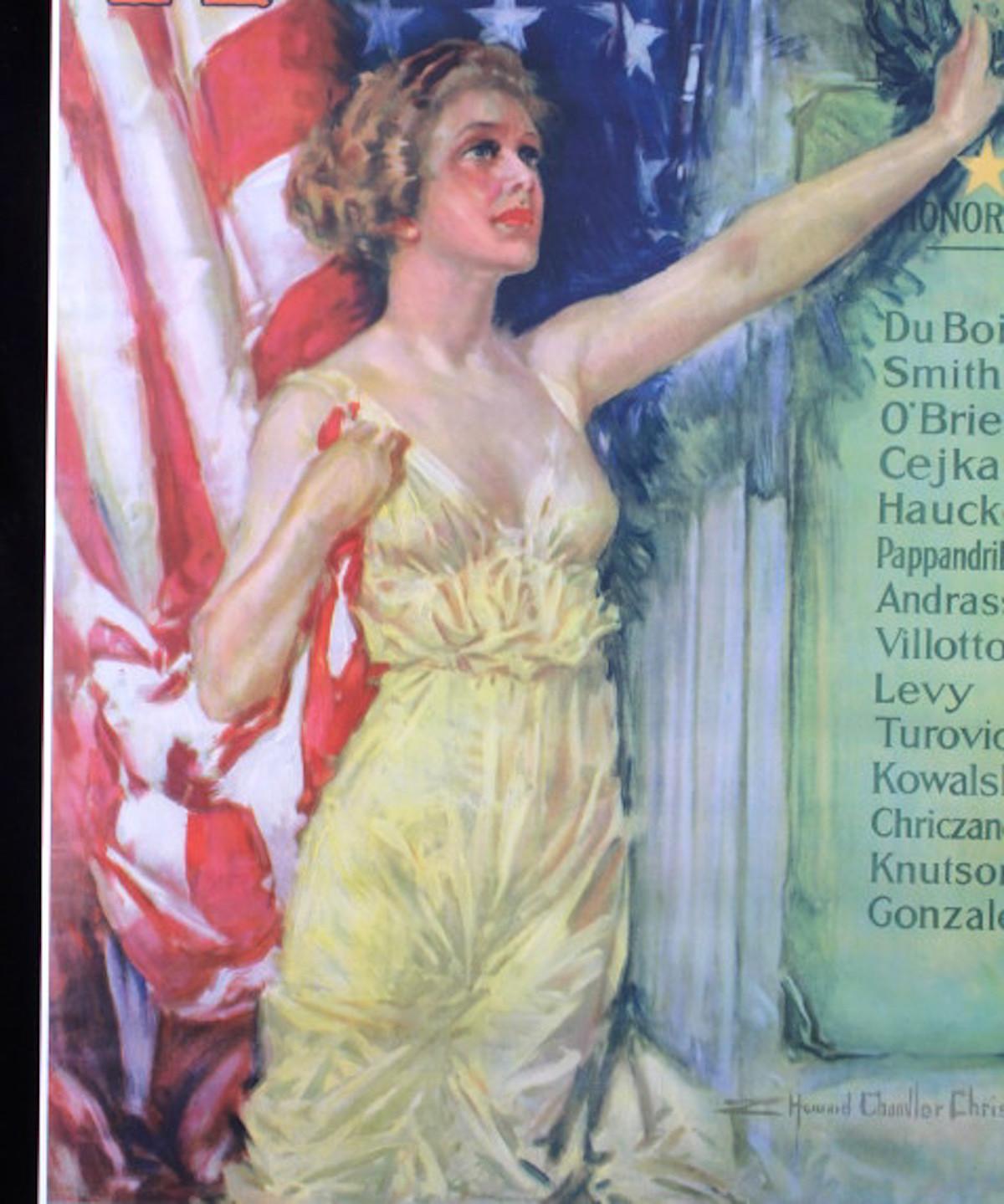 This is an original WWI Victory Liberty Loan war bond poster from circa 1918. The artwork for the piece was created by Howard Chandler Christy, an American artist and illustrator in the early 1900s. The poster shows a wonderful image of Lady Liberty