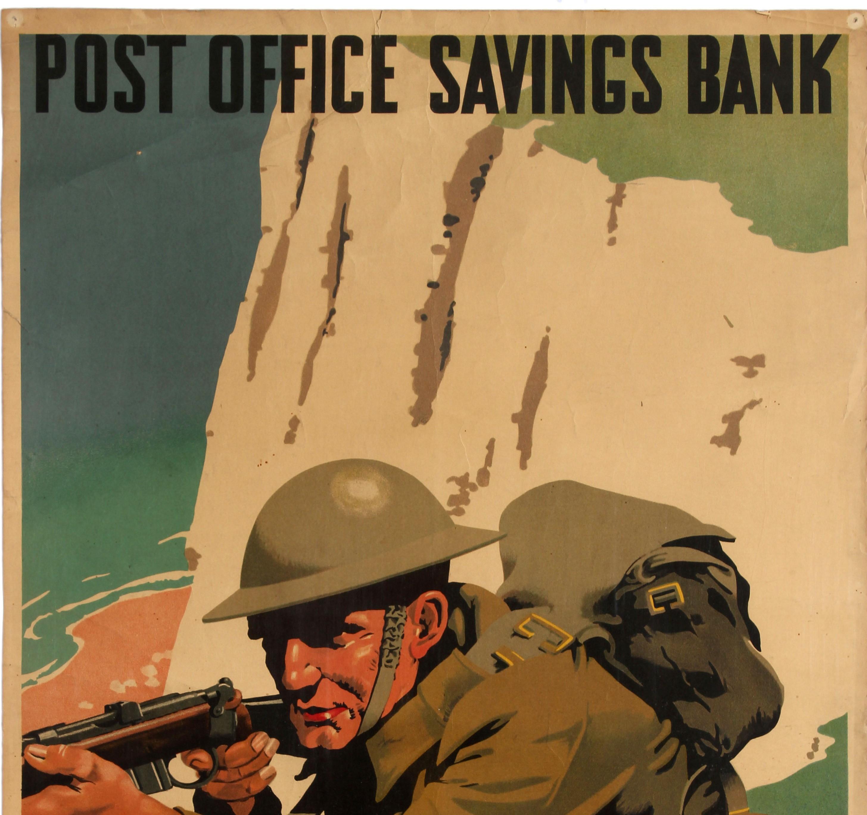 Original vintage World War Two home front propaganda poster published by the Post Office Savings Bank Save for Defence featuring dynamic artwork by the notable British poster artist Frank Newbould (1887-1951) depicting a soldier in uniform crouching
