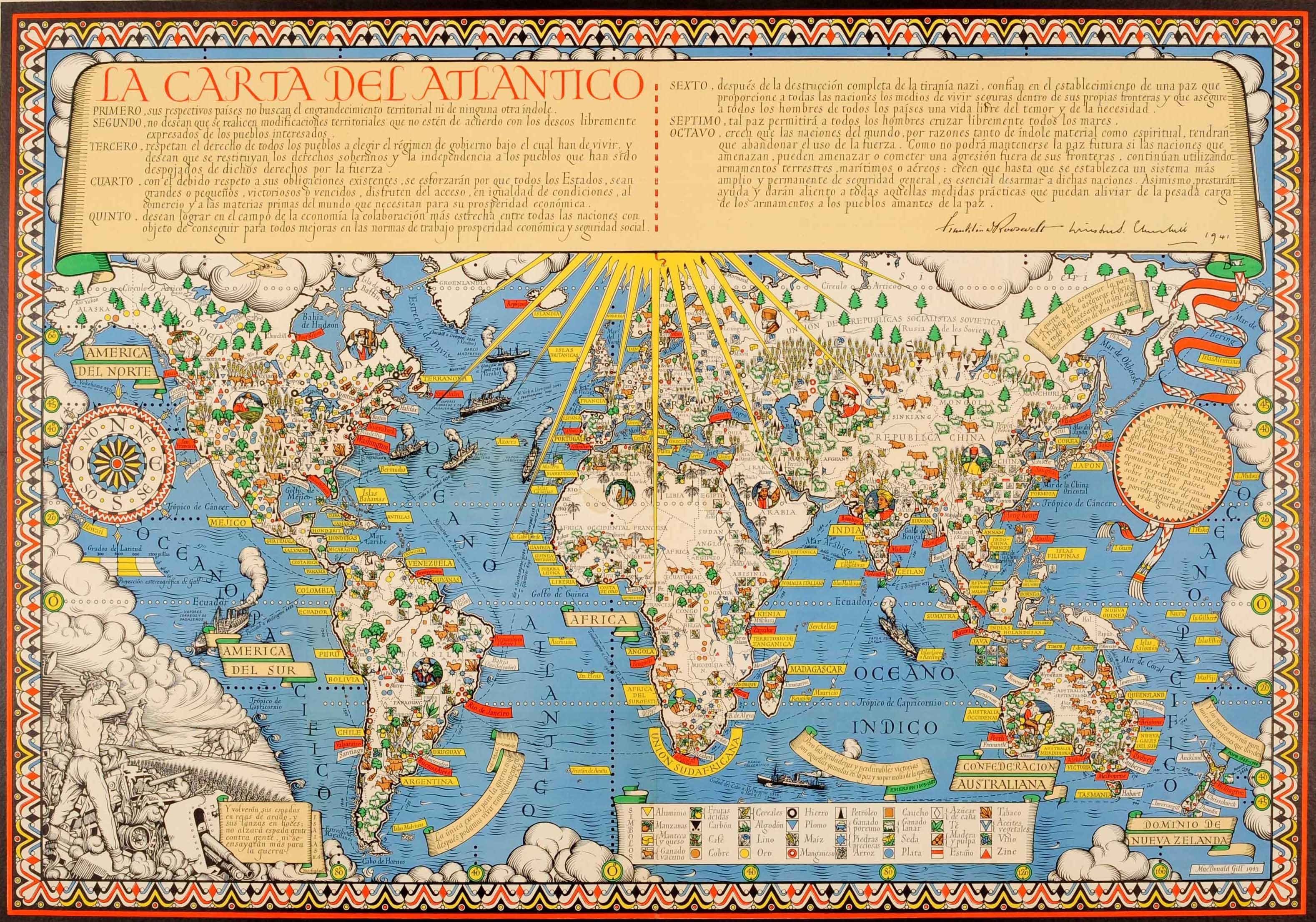 Poster originale d'epoca con mappa illustrata in spagnolo del noto grafico, cartografo e artista MacDonald Gill (Leslie MacDonald Gill alias Max Gill; 1884-1947) commissionato dalla rivista britannica Time & Tide (1920-1986) in seguito all'accordo