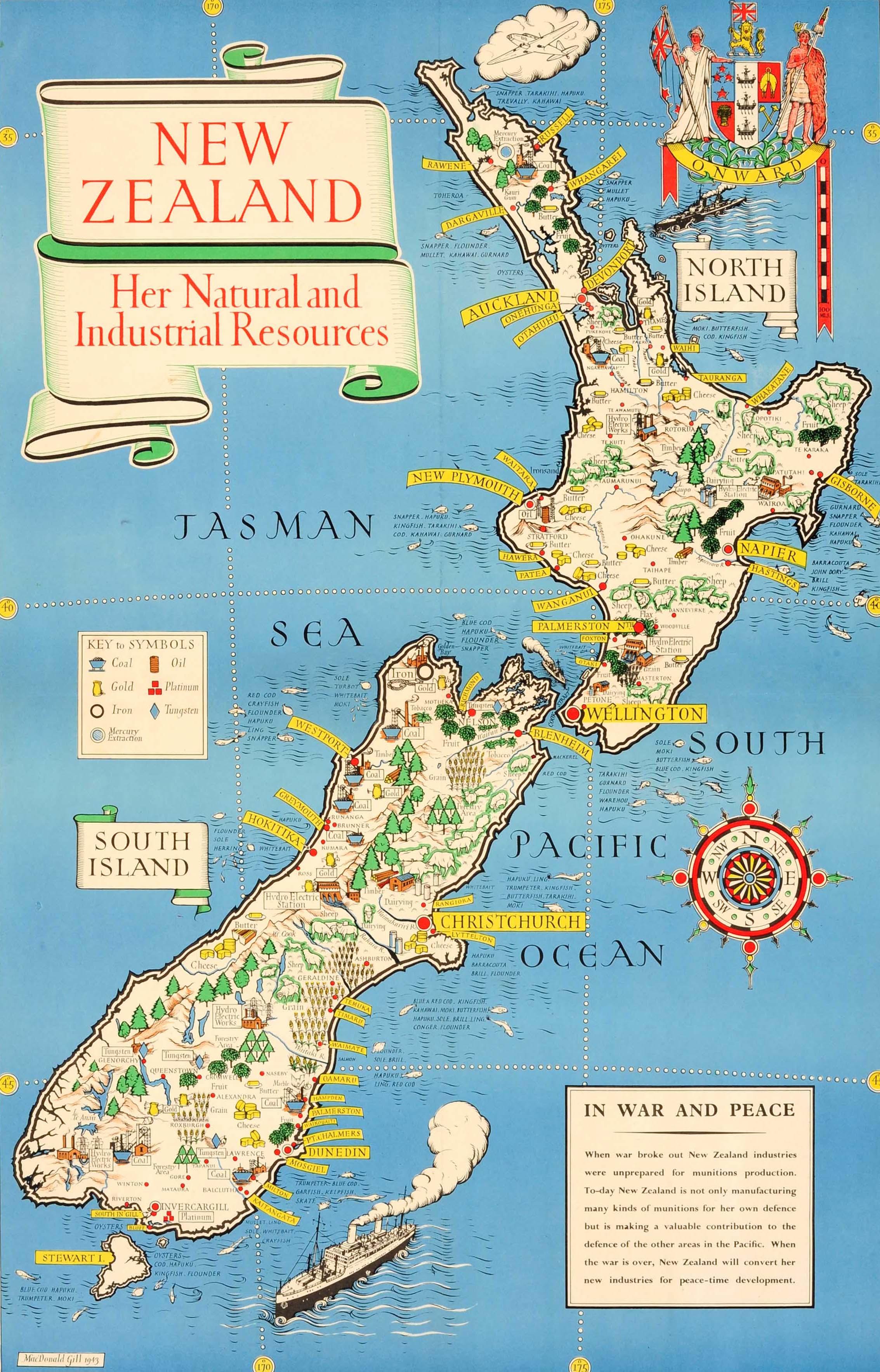 Carte picturale originale de la Nouvelle-Zélande, datant de la Seconde Guerre mondiale et représentant ses ressources naturelles et industrielles. Elle comporte une superbe illustration du célèbre graphiste, cartographe et artiste MacDonald Gill