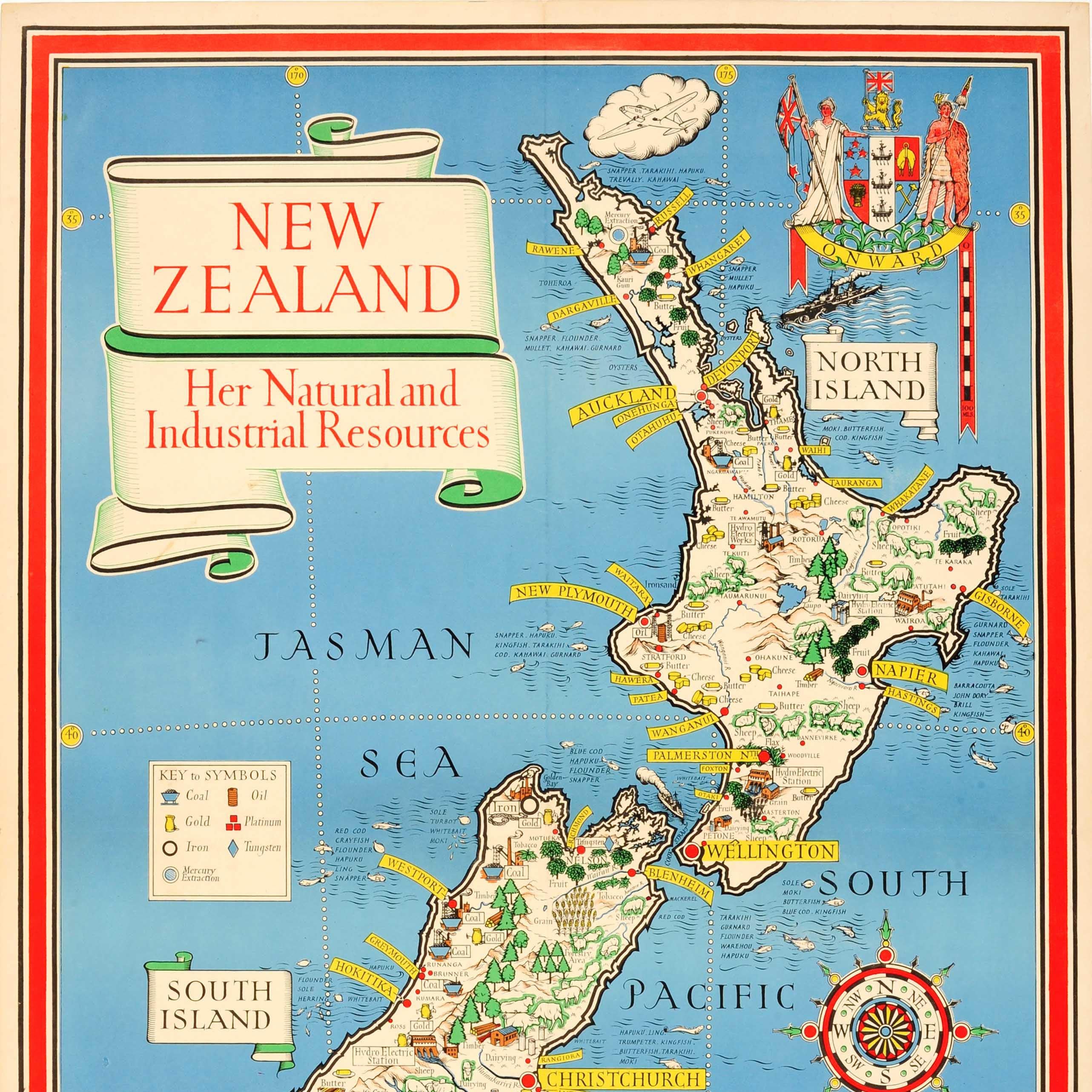 Britannique Carte originale de la Nouvelle-Zélande datant de la Seconde Guerre mondiale - Ressources naturelles et industrielles en temps de guerre et de paix en vente