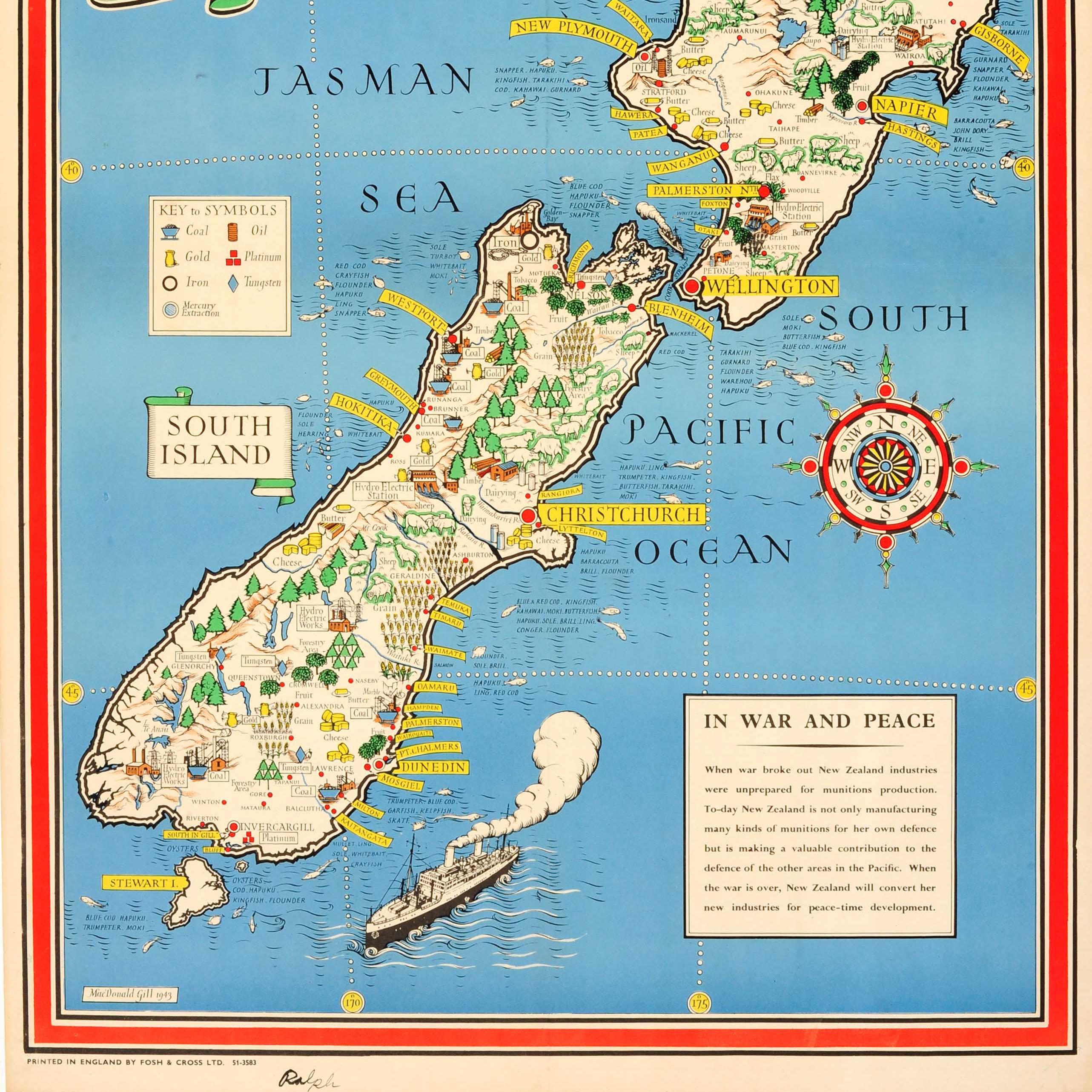 Carte originale de la Nouvelle-Zélande datant de la Seconde Guerre mondiale - Ressources naturelles et industrielles en temps de guerre et de paix Bon état - En vente à London, GB